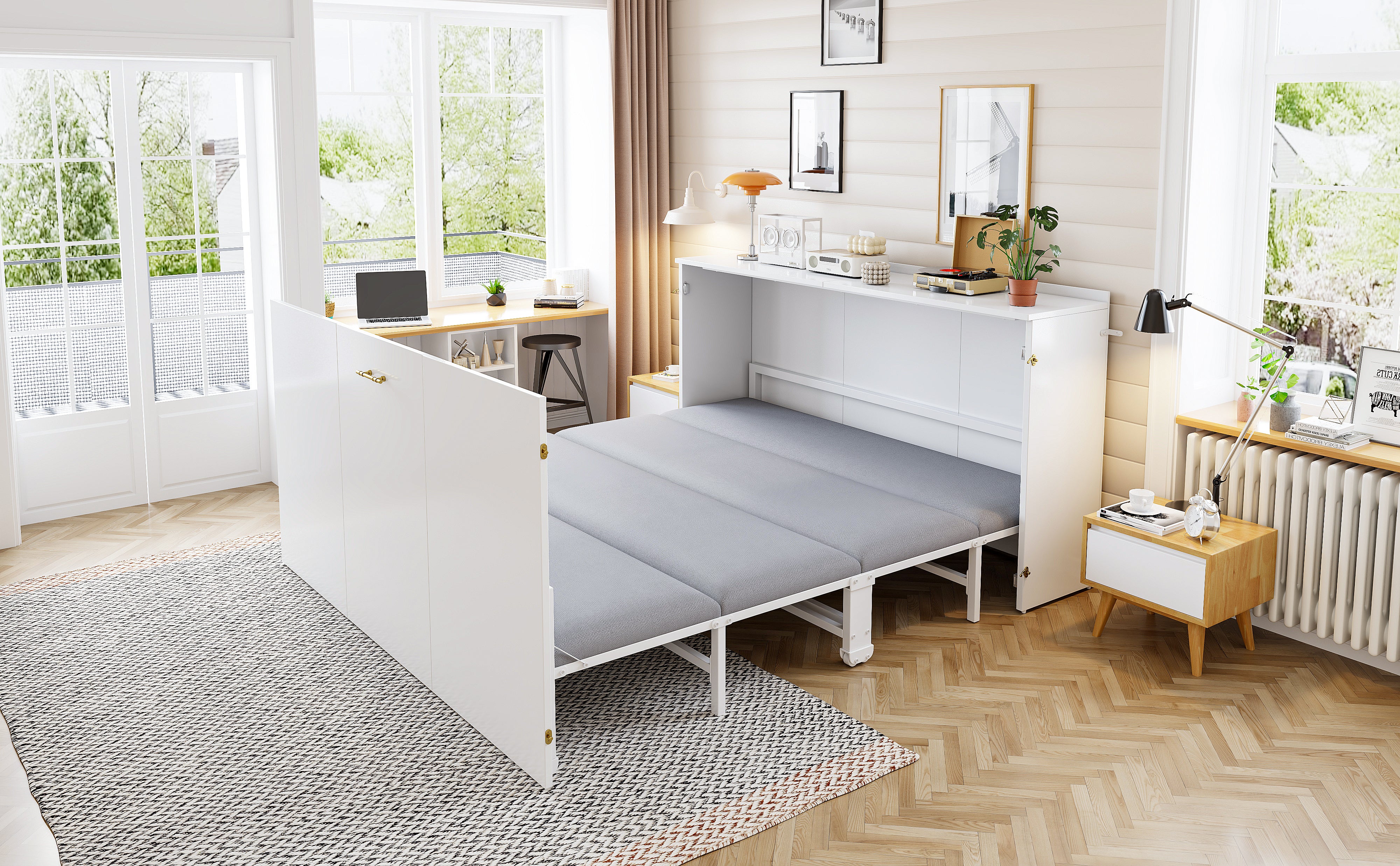 Łóżko chowane w ścianie 140 x 200 cm z materacem lnianym – Metal i drewno – Oszczędność miejsca dzięki składanemu systemowi z cichymi kółkami – Białe - 7