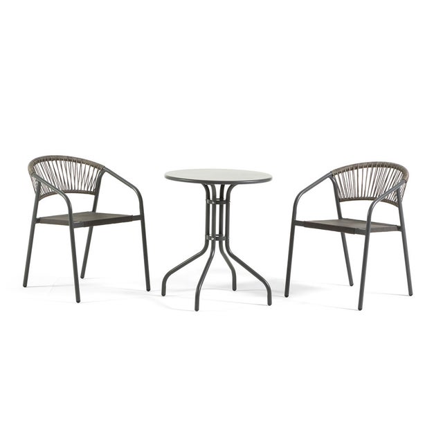 Set con mesa redonda de metal y dos sillas apilables en metal, textilene y cuerda gris