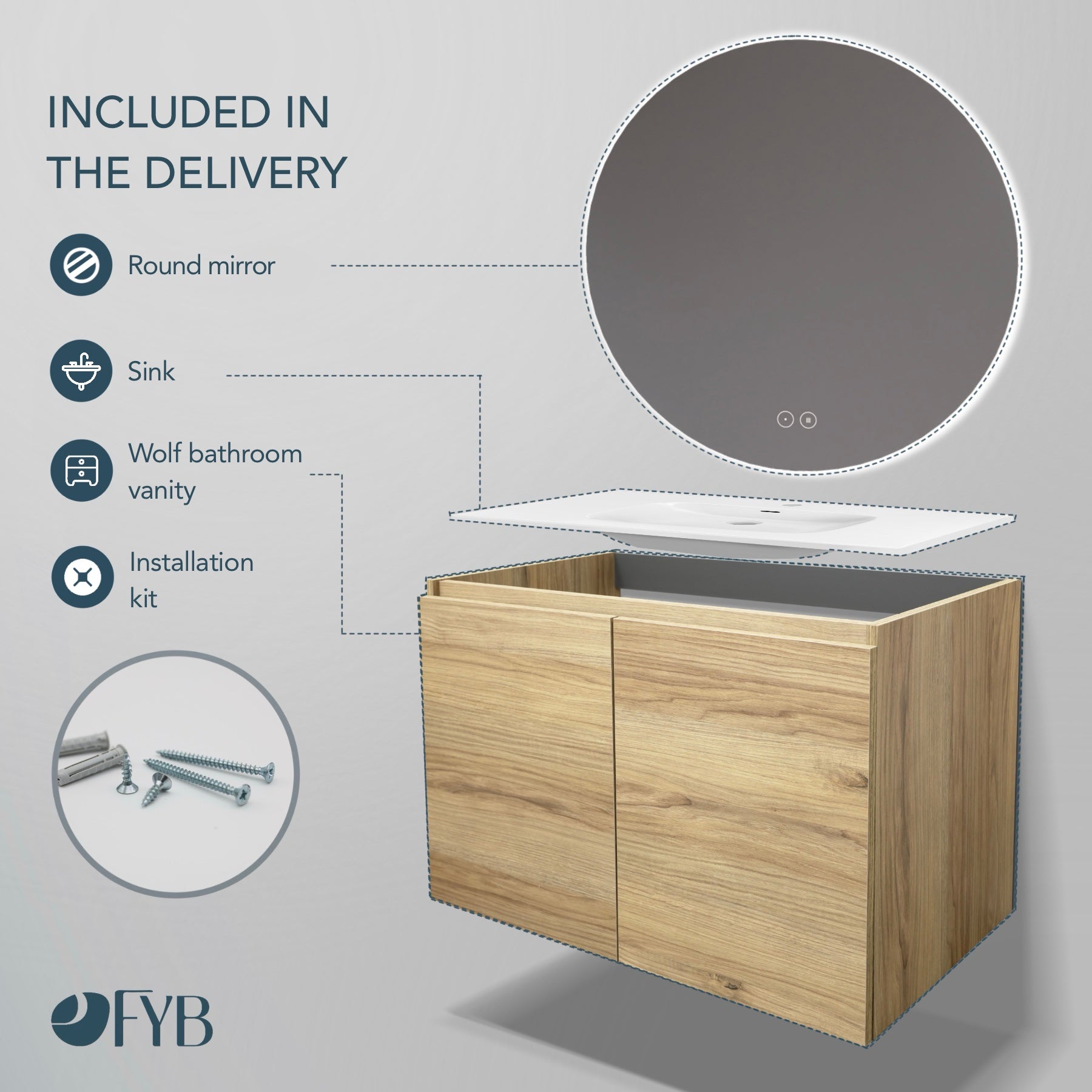 Feel Your Bath, Meuble De Salle De Bain WOLF Marron 80 cm, 2 Portes, Vasque Céramique Intégrée Et Miroir Rond LED Antibuée - 4