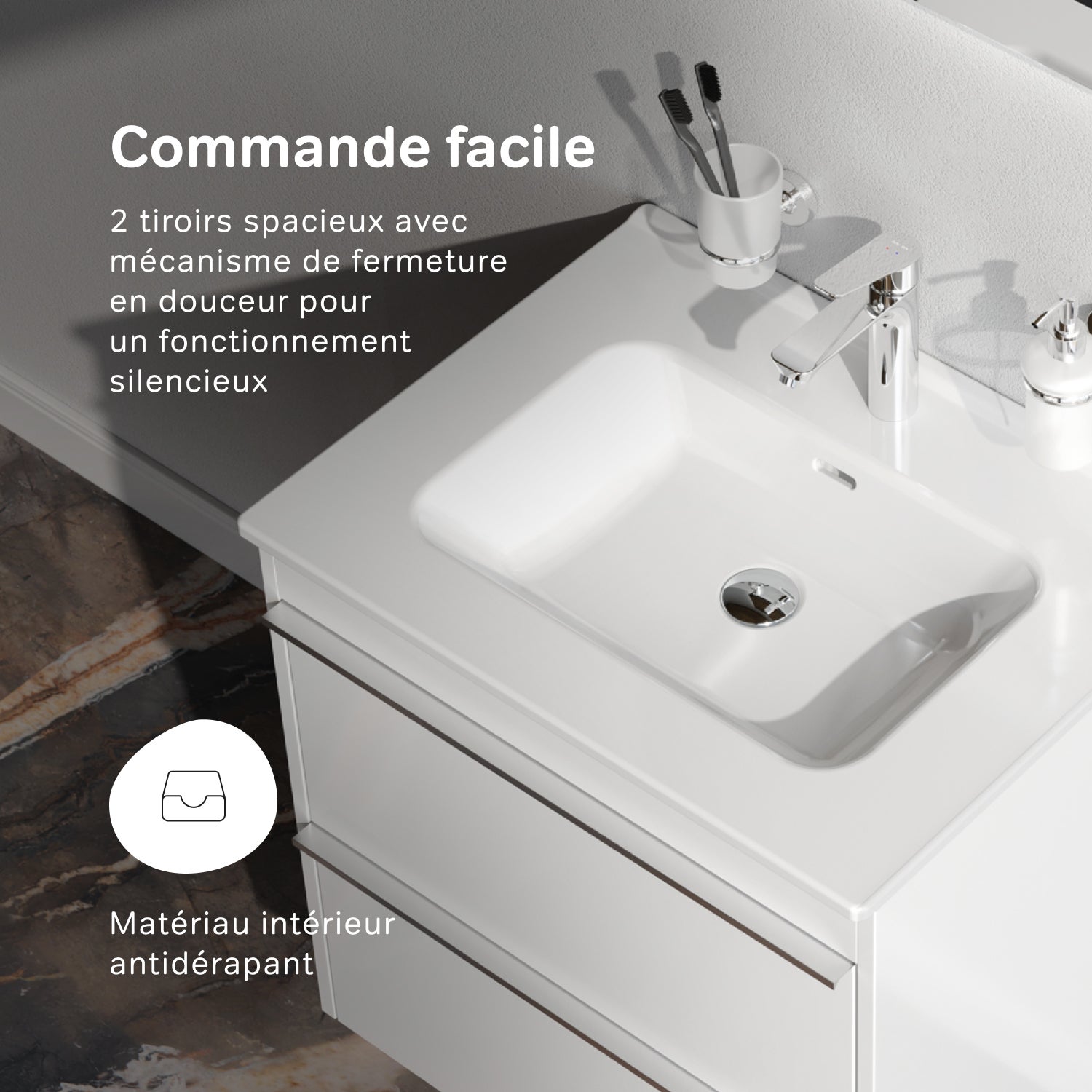 Meuble salle de bains avec Vasque en Céramique Meuble simple vasque suspendu 60 cm avec lavabo intégré, 2 tiroirs, design, Blanc Brillant&nbsp; – AM.PM - 5