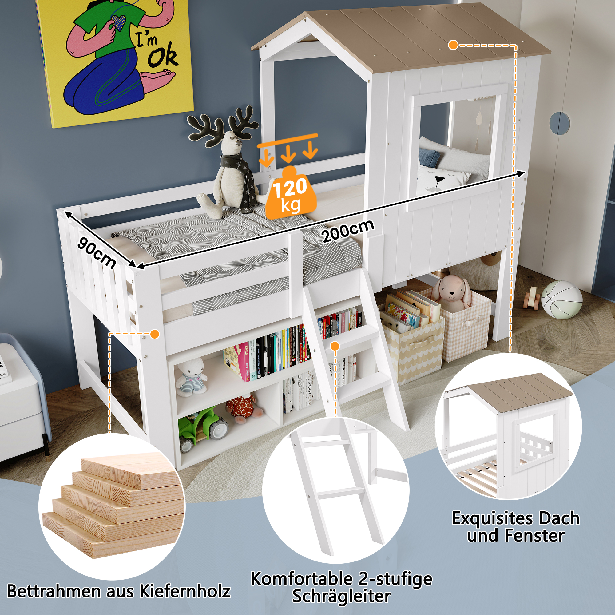 Letto per bambini 90x200 cm, letto a soppalco, letto a casetta con tetto e finestra, recinzione su quattro lati, con scaletta, bianco e naturale - 4