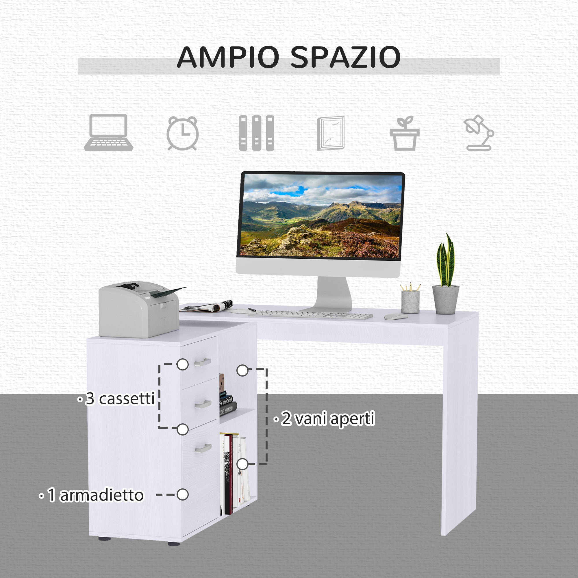 HOMCOM Scrivania Angolare Per Computer Da Ufficio Con Cassettiera 117×83.5×76cm Bianco - 5