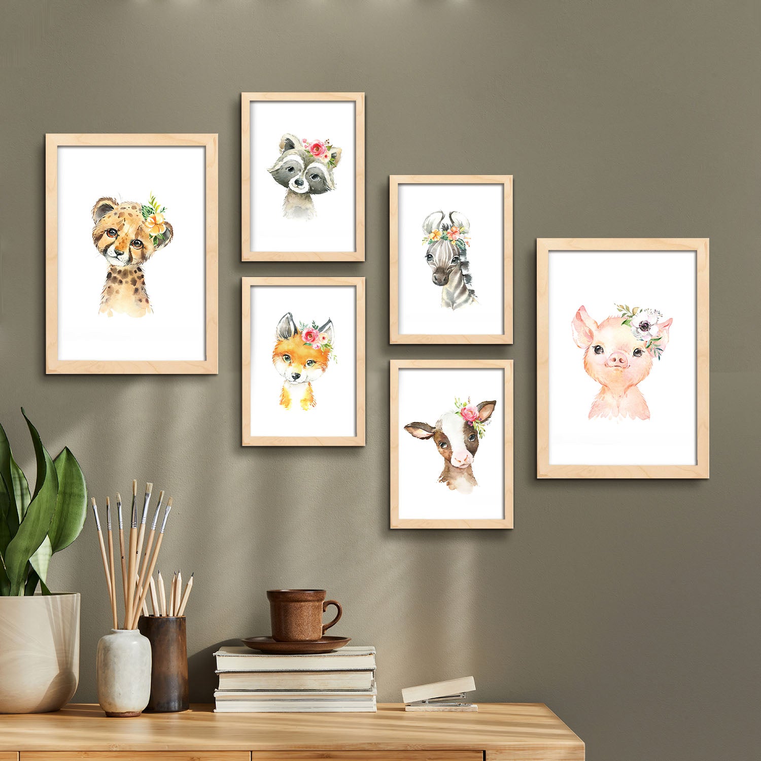 Posters de adornos de flores ilustraciones de fondo blanco con adorables animales en estilo acuarela pastel diseño moderno para la a4 & a3 sin marco