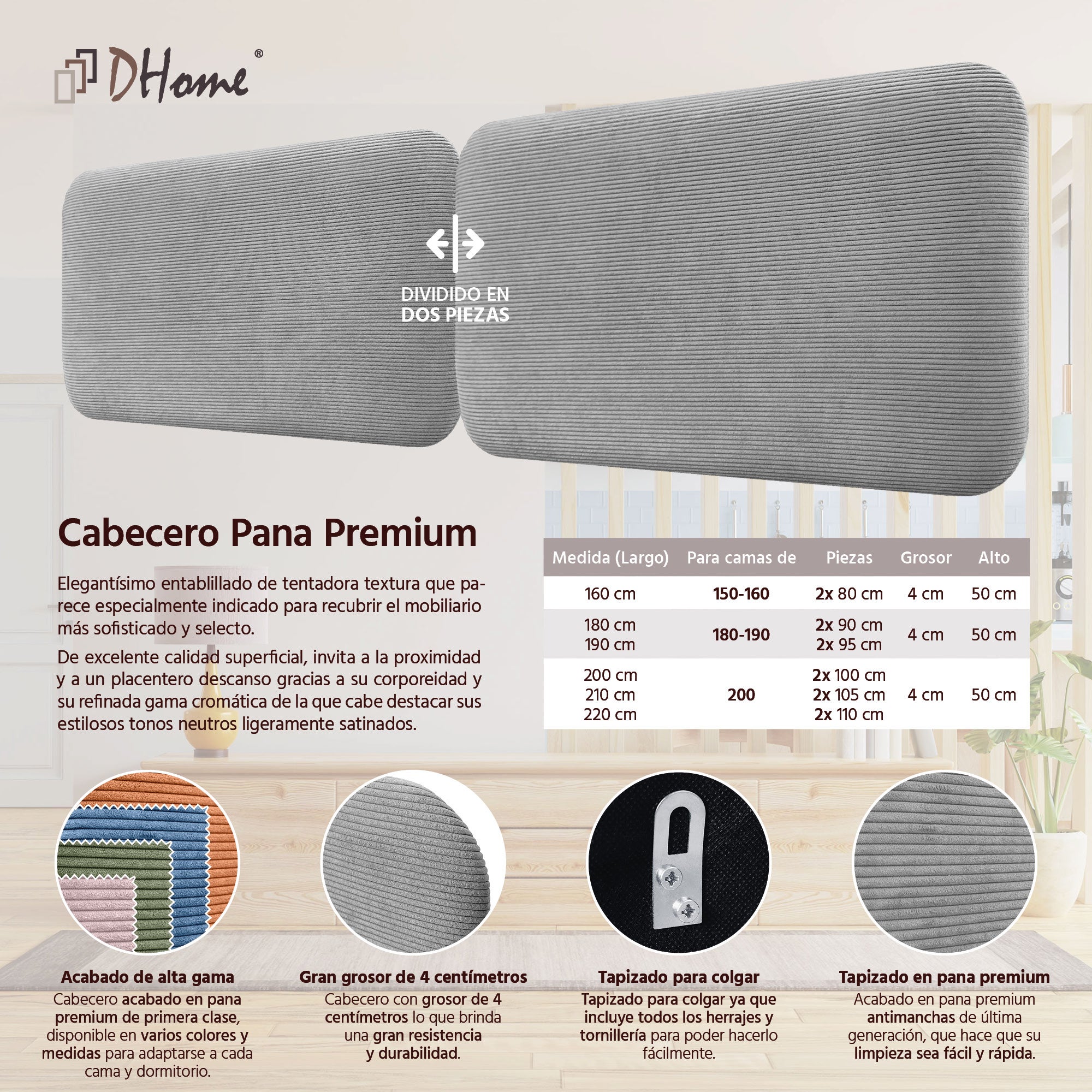 DHOME Cabecero Tapizado en Pana Liso Redondeado para Pared Acústicos Cabeceros Absorbentes Cabezal Cama Dormitorio (Gris, 160cm Dual) - 3