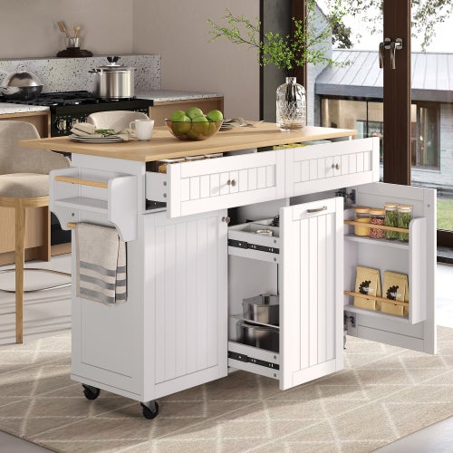 Carro de cocina blanco con ruedas, bandeja abatible, 3 cajones y 2 puertas, toallero y especiero, estantes regulables