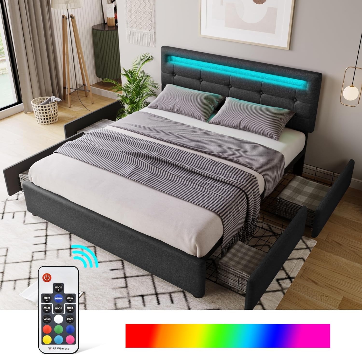Lit coffre 140x200 cm Lit rembourré double avec Éclairage LED et 4 ...