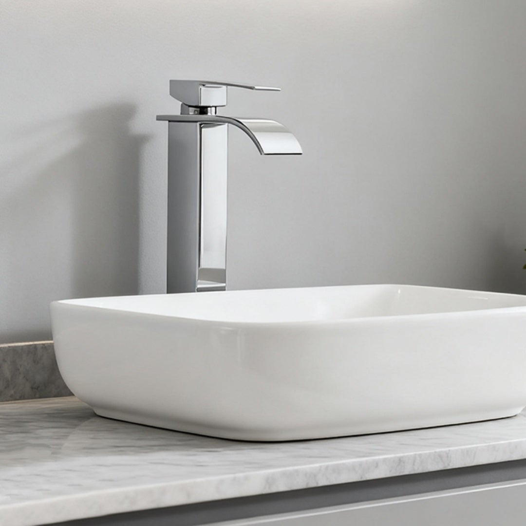Grifo de lavabo cromado tipo cascada, grifo de baño con agua caliente/fría, mezclador de lavabo de acero inoxidable 304 - 7