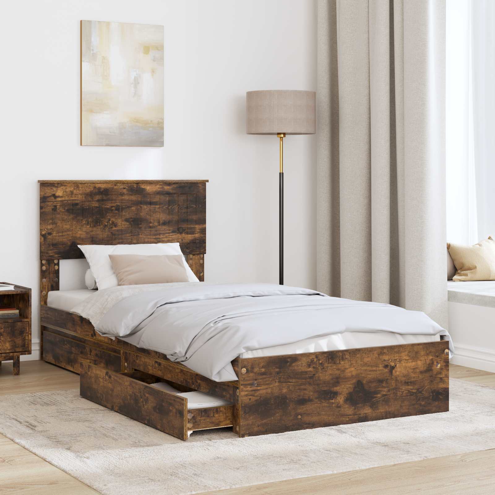 Lit de rangement chêne fumé 90 x 200 cm en panneau de bois - 3