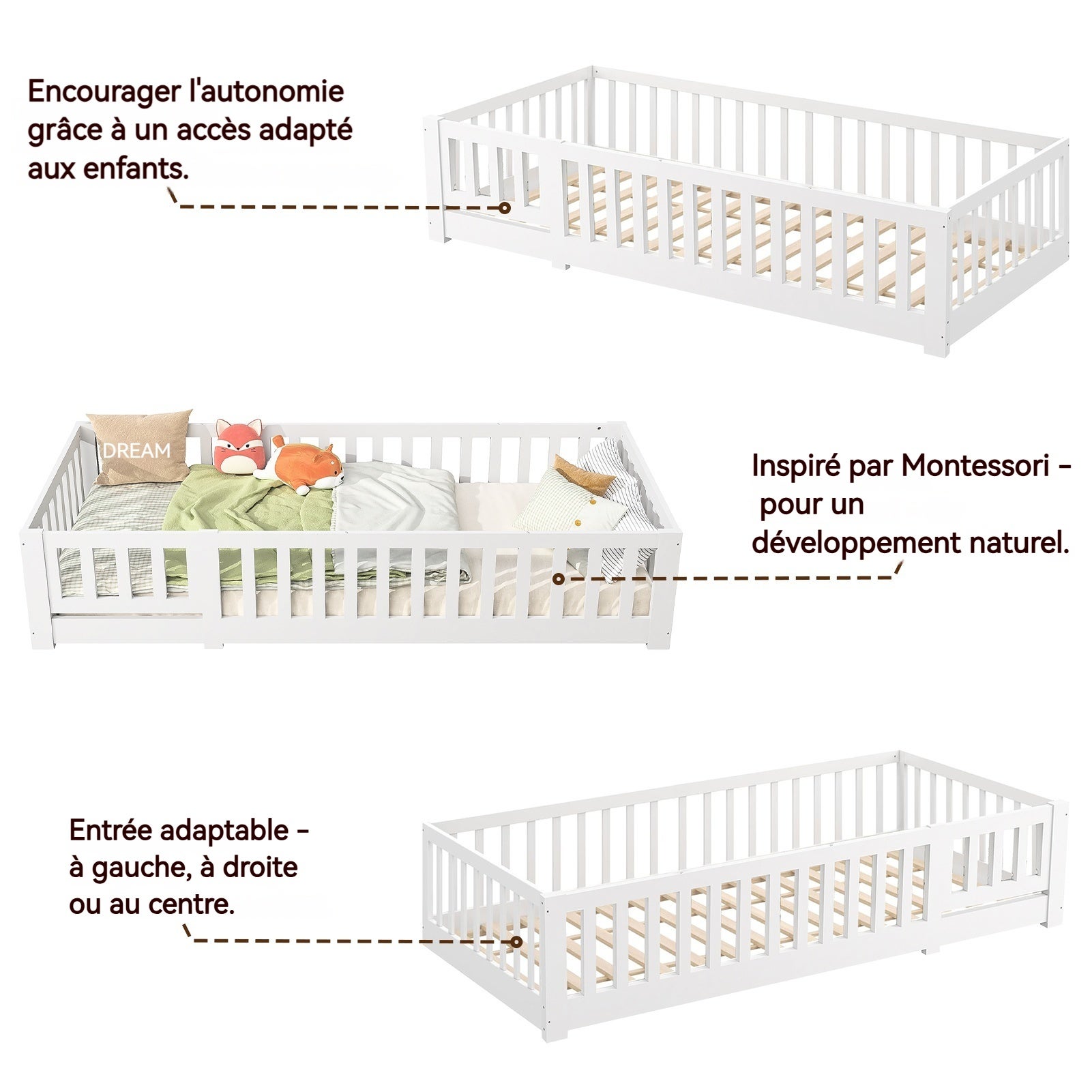 Lit Enfant 90 x 200 cm, Lit de sol en Bois Naturel de Pin Massif avec porte et Barrière de Sécurité, Lit Montessori avec sommier à lattes, Blanc - 6