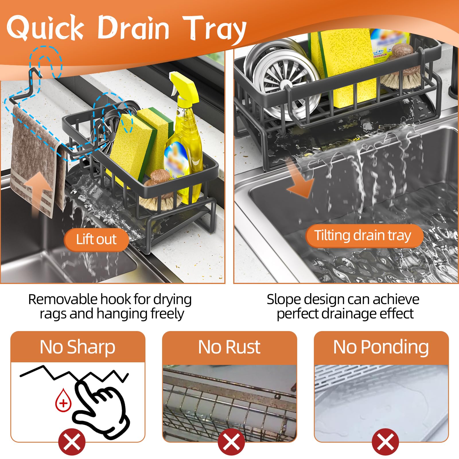 Półka na zlew kuchenny, nierdzewny organizer na gąbkę do naczyń ze stali nierdzewnej, uchwyt na gąbkę do naczyń na przybory kuchenne - 4