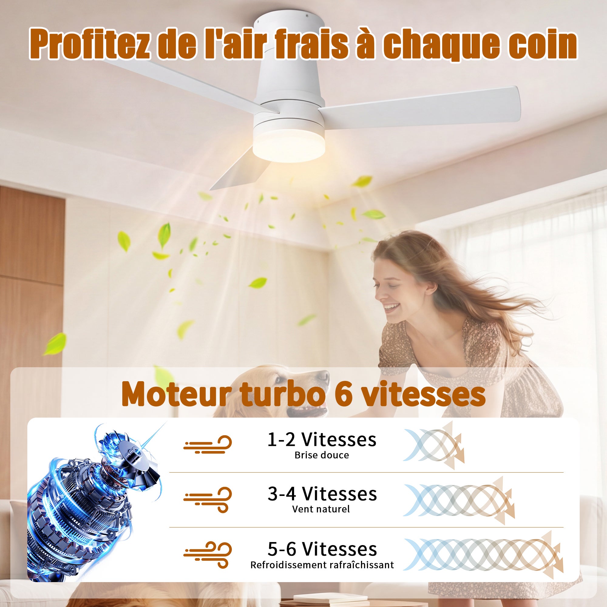 Ventilateur de plafond, 2-en-1 blanc avec éclairage LED (modèle à 3 pales de 52 pouces en contreplaqué),L132cm - 7