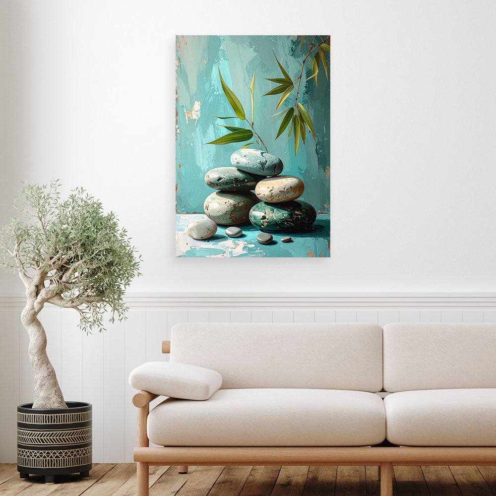 Obraz do salonu sypialni, Kamienie zen spa liście na turkusowym tle 40x60 - 2