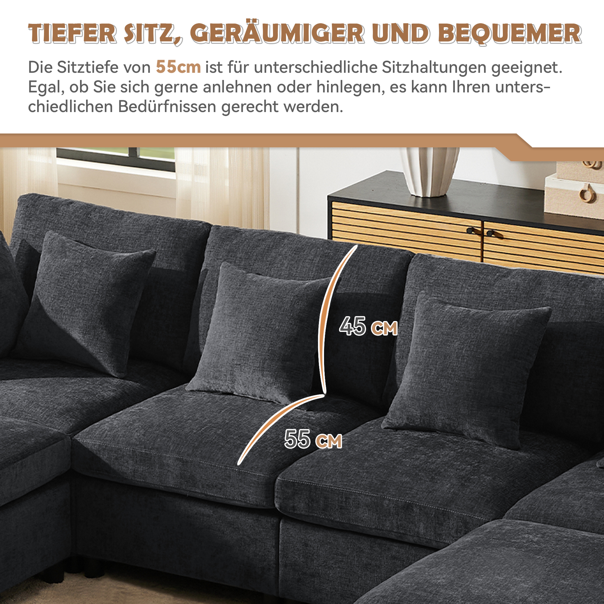 Canapé d'Angle Modulaire 6 Places avec Pouf Amovible , Canapé Moderne en Tissu Chenille Gris - 6