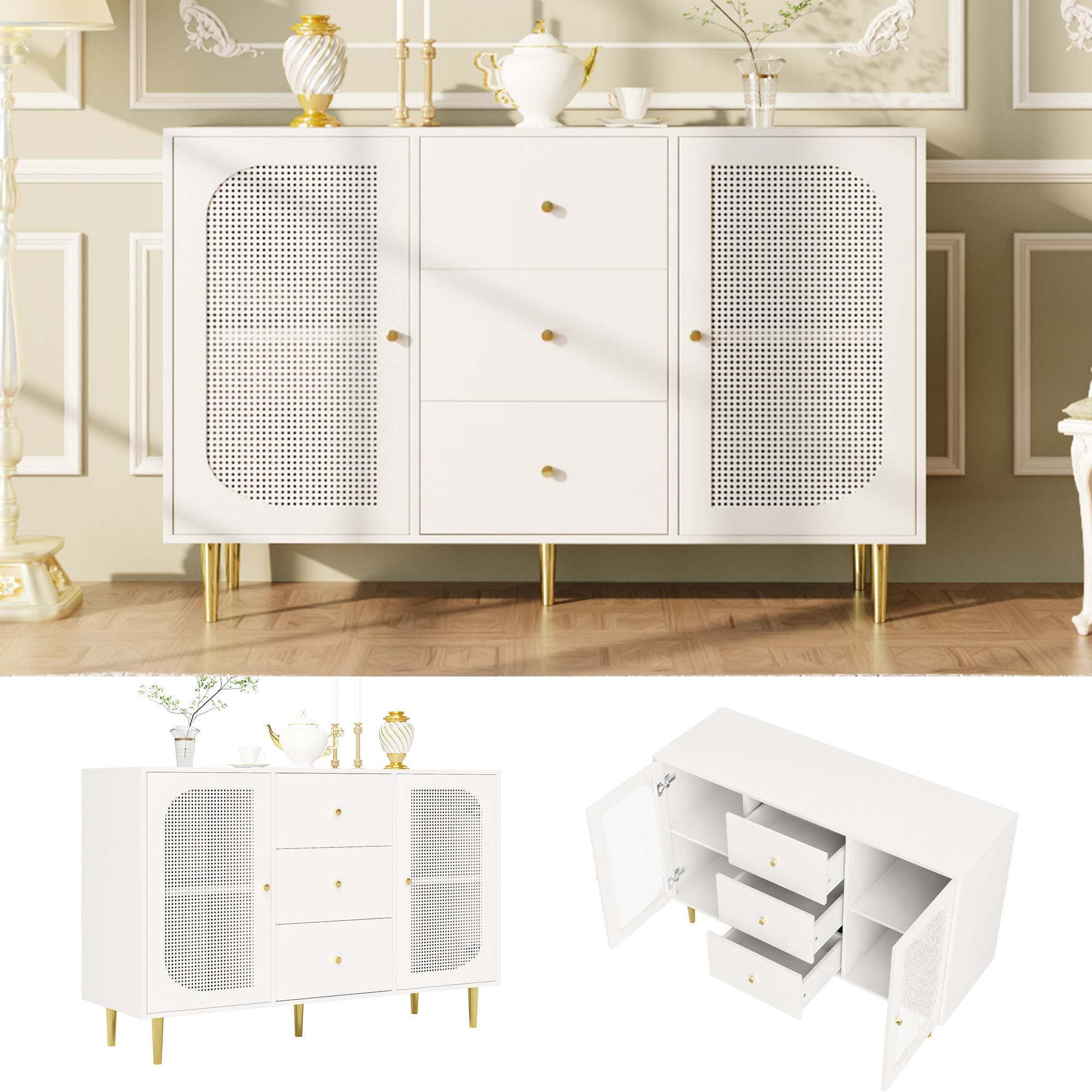 Yvsevnr Buffet Rotin Meuble De Rangement En Bois Avec 2
