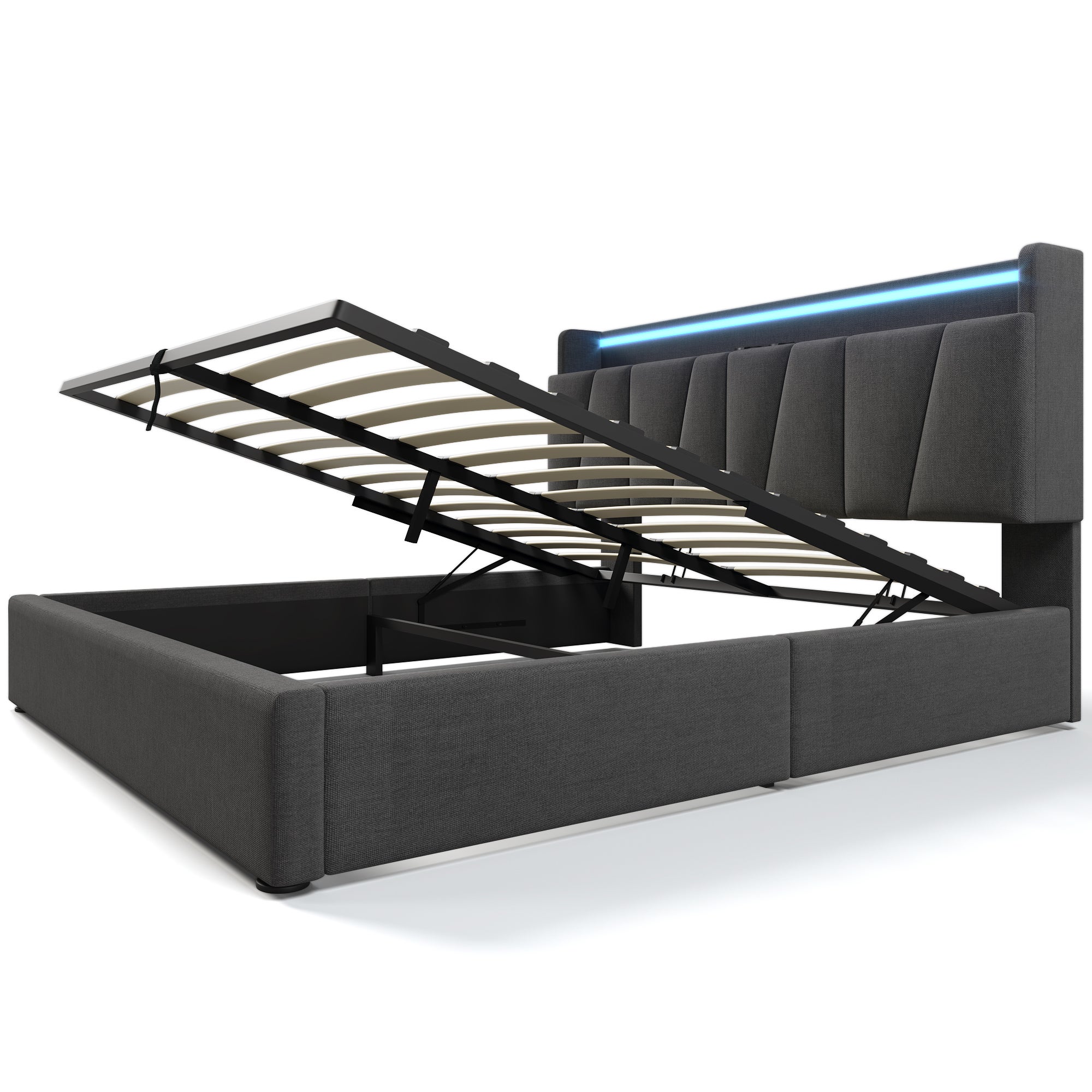 Lit Coffre 160x200 cm,Lit Double Gris,avec 2 Ports USB,2 Prises Électriques,Éclairage LED,Structure en Lin + Bois - 9