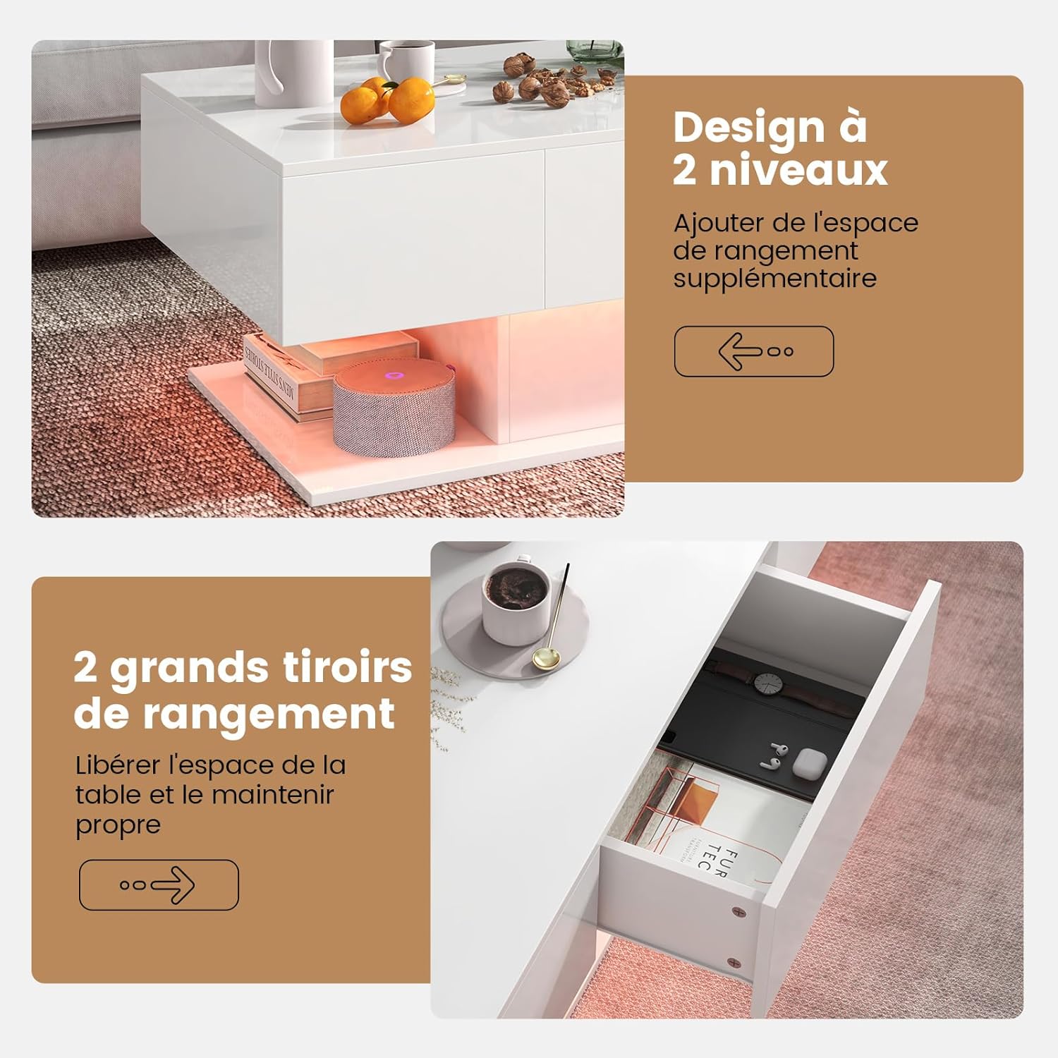 Tavolino da Caffè Moderno, Tavolino a 2 Piani con 20 Luci LED a Colori, 2 Cassetti Portaoggetti e Finitura Lucida, Tavolino Rettangolare per S - 4