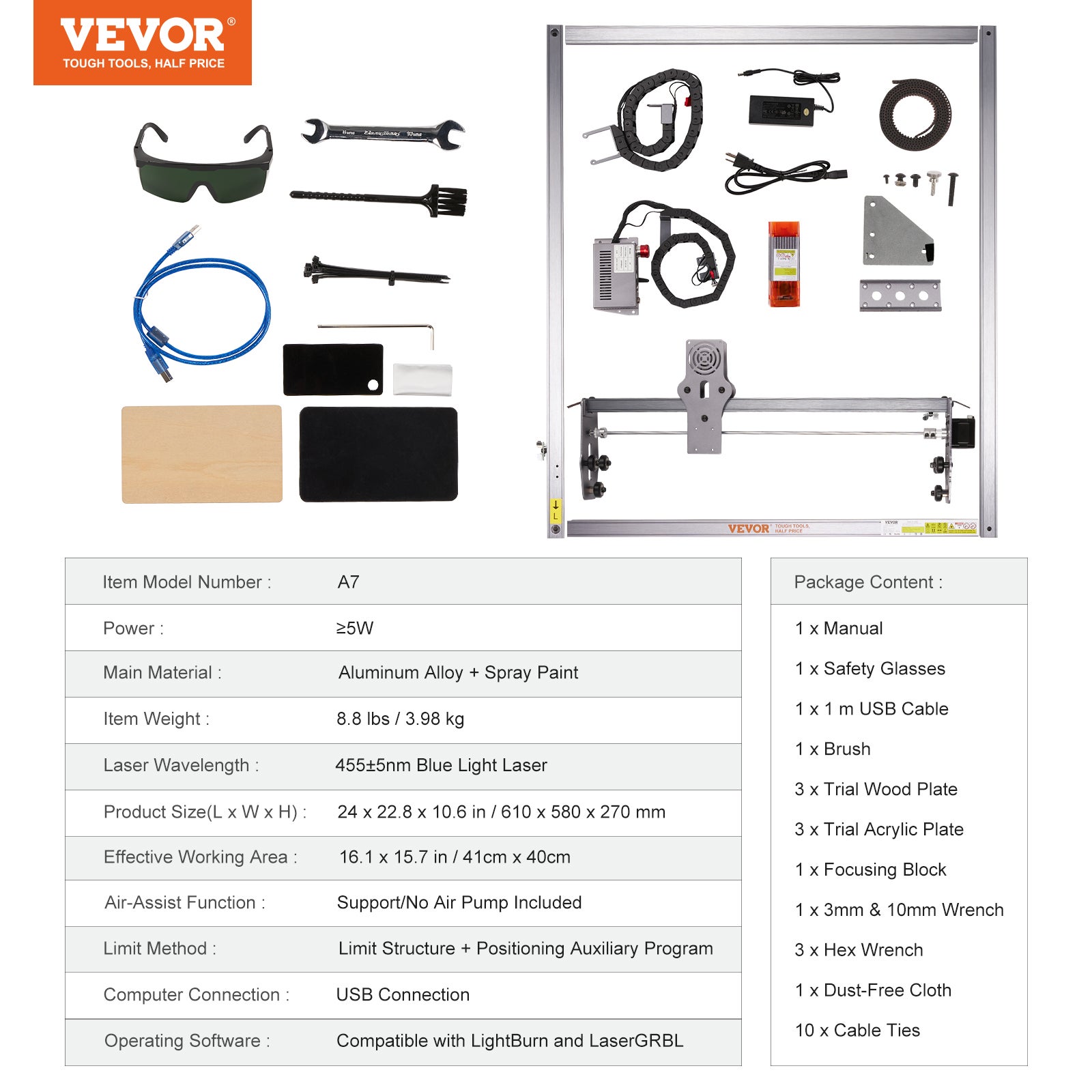 Machine à Graver Laser VEVOR 5 W Graveur Laser Grande 61x58x27 cm Surface Travail 41x40 cm Vitesse de Mouvement 10000 mm/min Point Comprimé Protection - 7