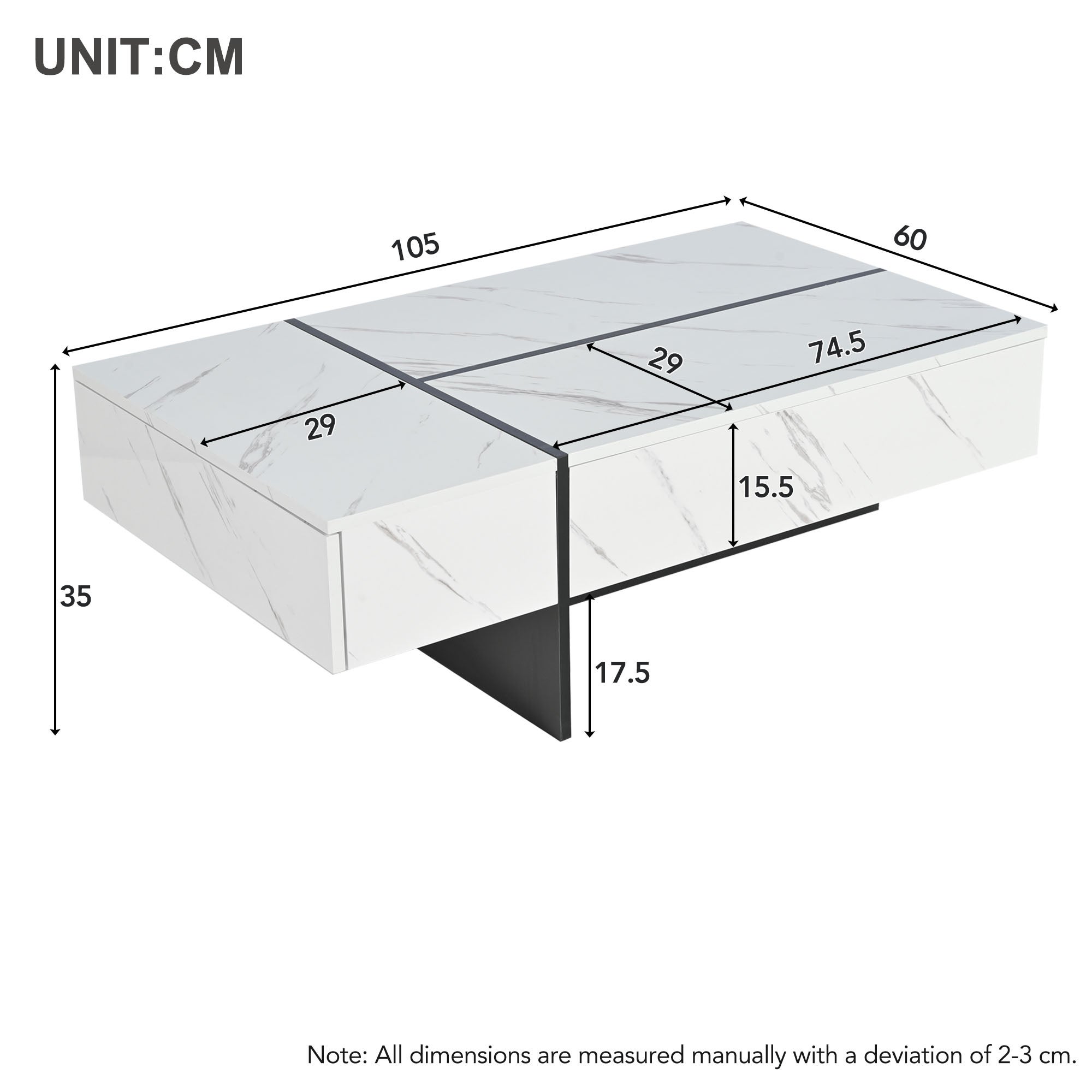 Table basse blanche moderne avec éclairage LED, motif marbre, plateau brillant - 105x60x35cm - 7