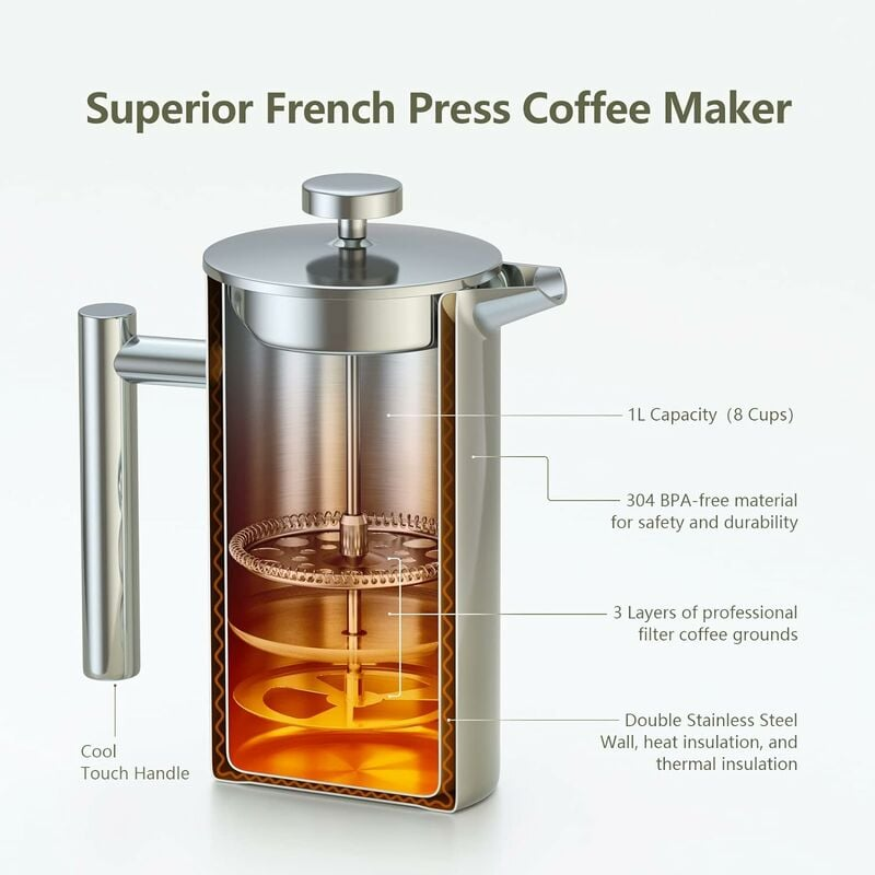 1L stal nierdzewna French Press Coffee Maker, French Press z potrójnym filtrem, French Press z funkcją podtrzymywania ciepła i stalowym tłokiem - 2