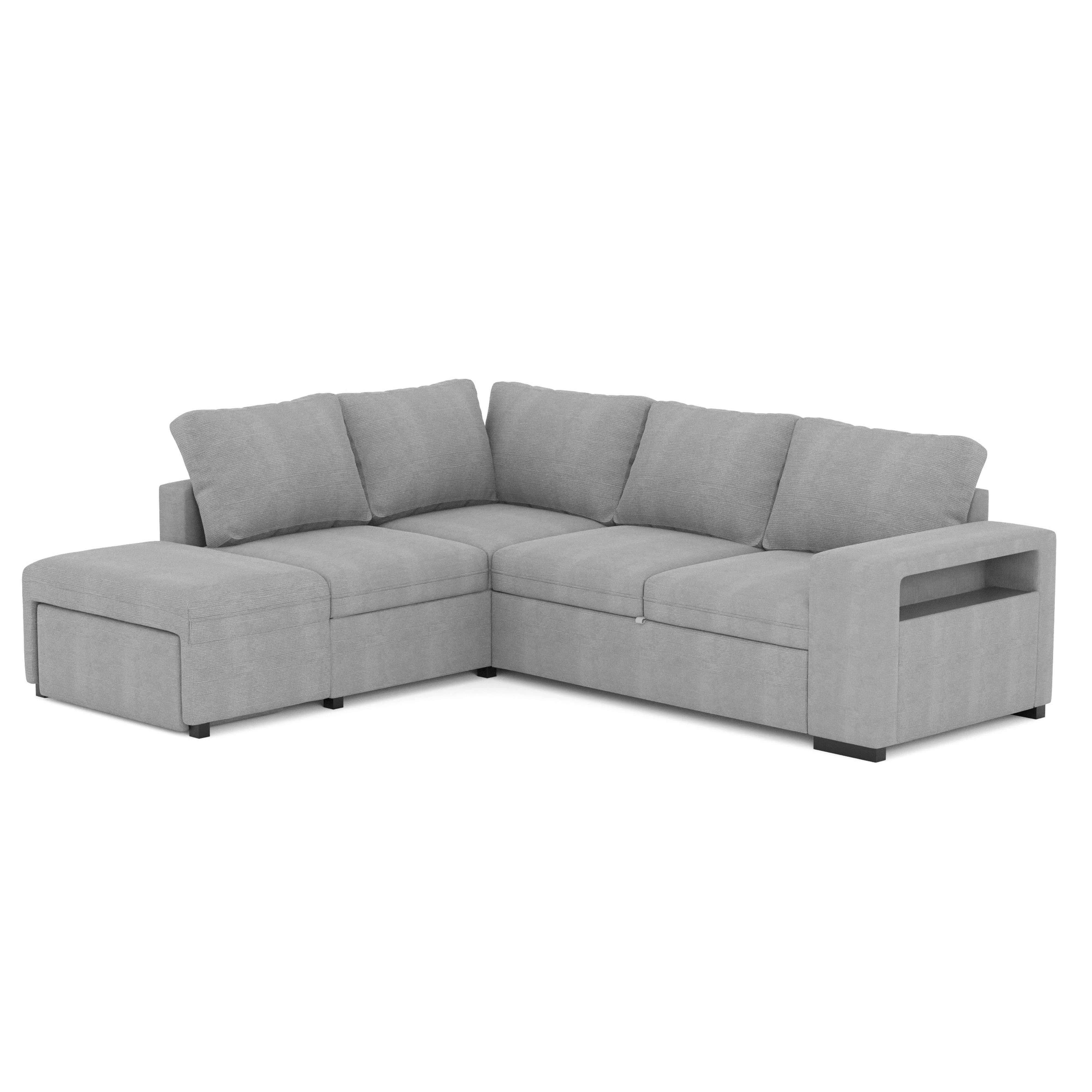 Sofá cama romeo chaiselongue con arcón, puf y estante, diseño moderno color gris 249 cm