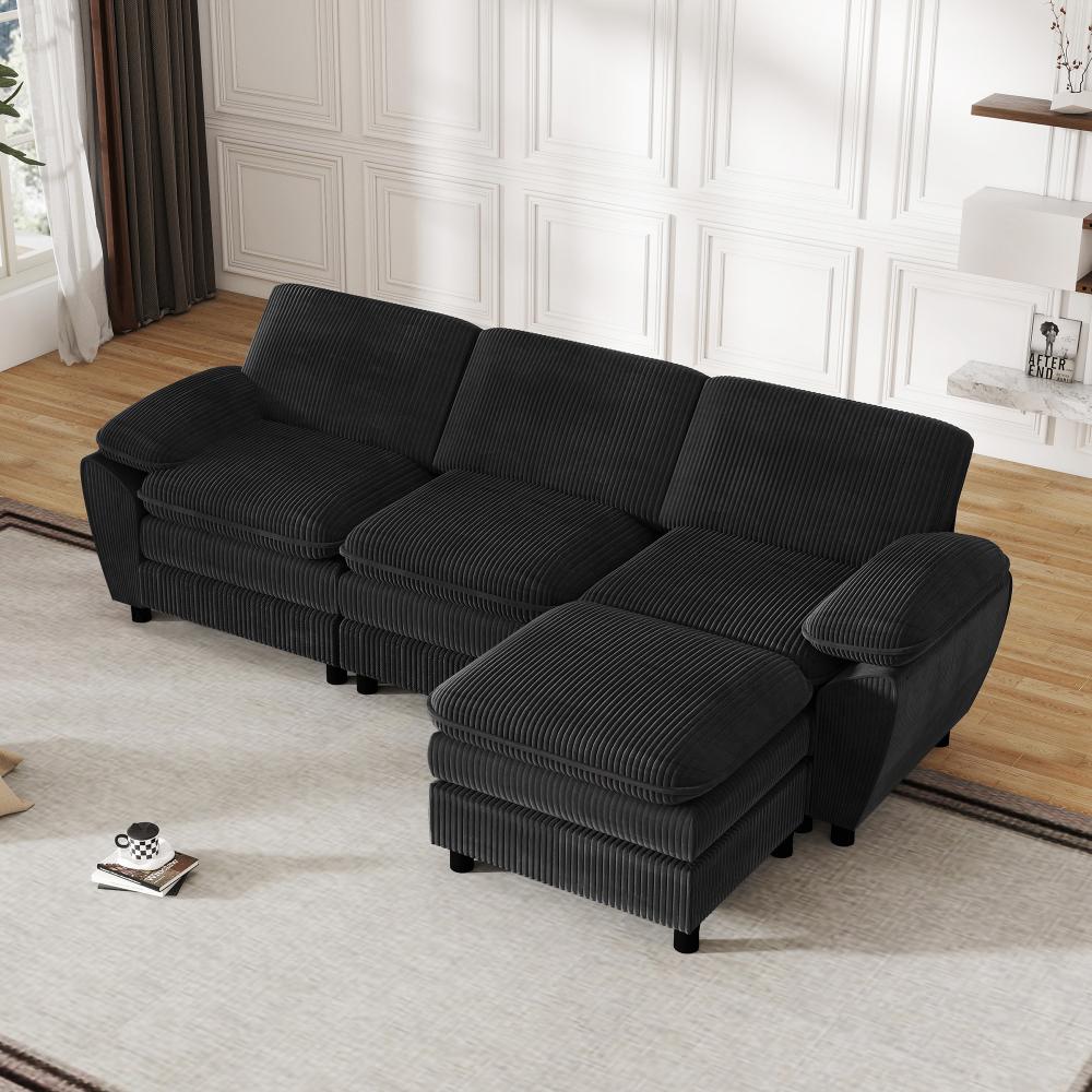 Sofa modułowa w kształcie litery L z odłączaną otomaną, miękkim aksamitem, ramą z litego drewna i zdejmowanymi poduszkami