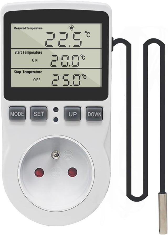 Prise Thermostat Regulateur de Temperature Numerique 220V Chauffage Refroidissement avec Sonde, LCD Prise Contrôleur de Température