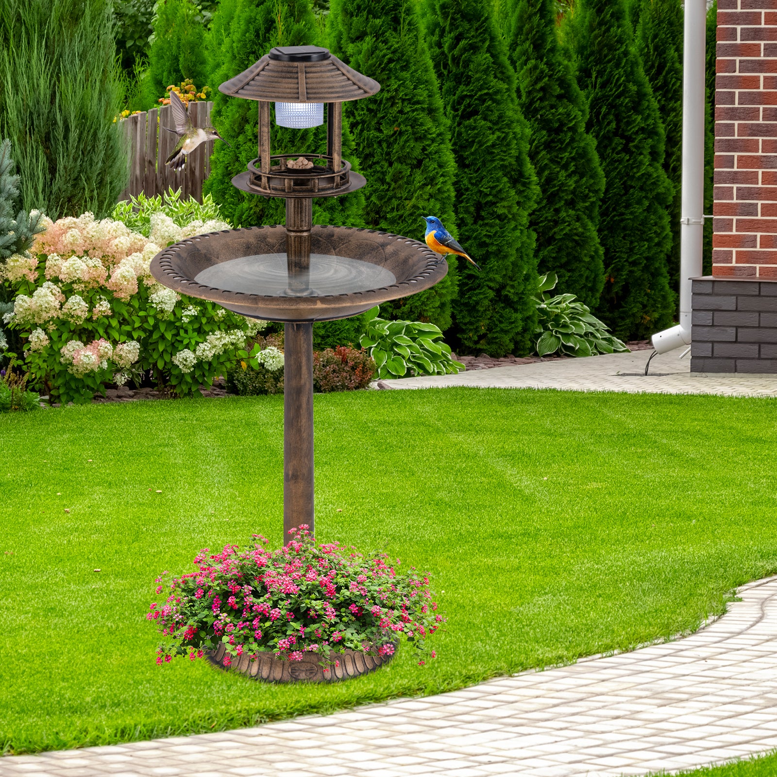 Banheira para pássaros 3 em 1 com energia solar, decoração exterior com suporte retroiluminado com lâmpada, bebedouro leve para pássaros para jardim, - 2