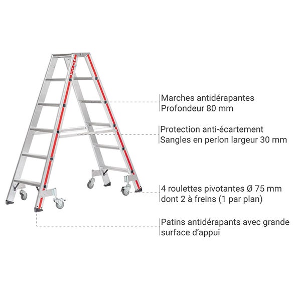 Escabeau double roulant 2x6 marches - Hauteur max. de travail 2,9m - 8024/2X6-4P - 3