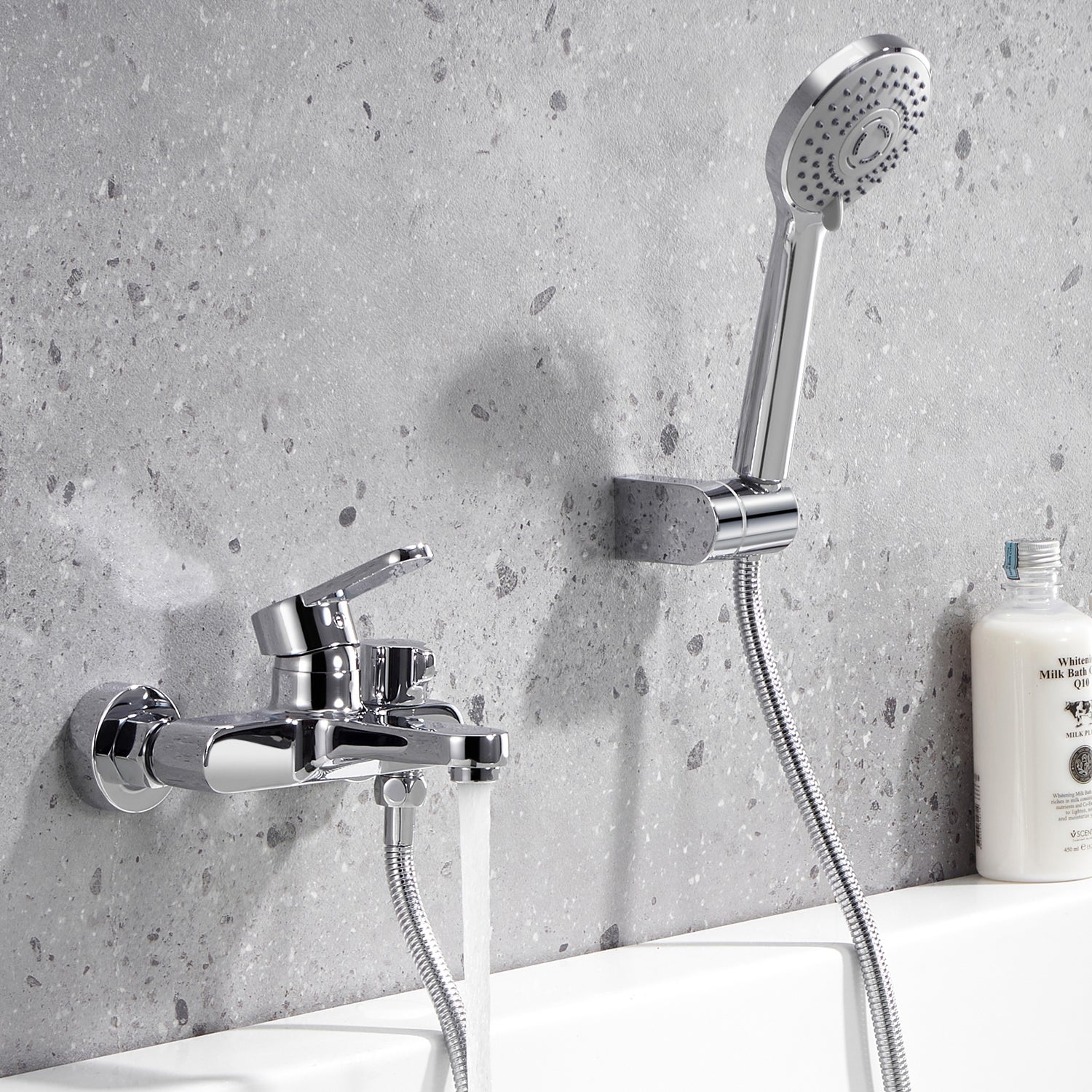 LOVHAUS Bateria wannowa z 3 trybami natrysku, bateria wannowa jednouchwytowa z wężem i uchwytem ściennym