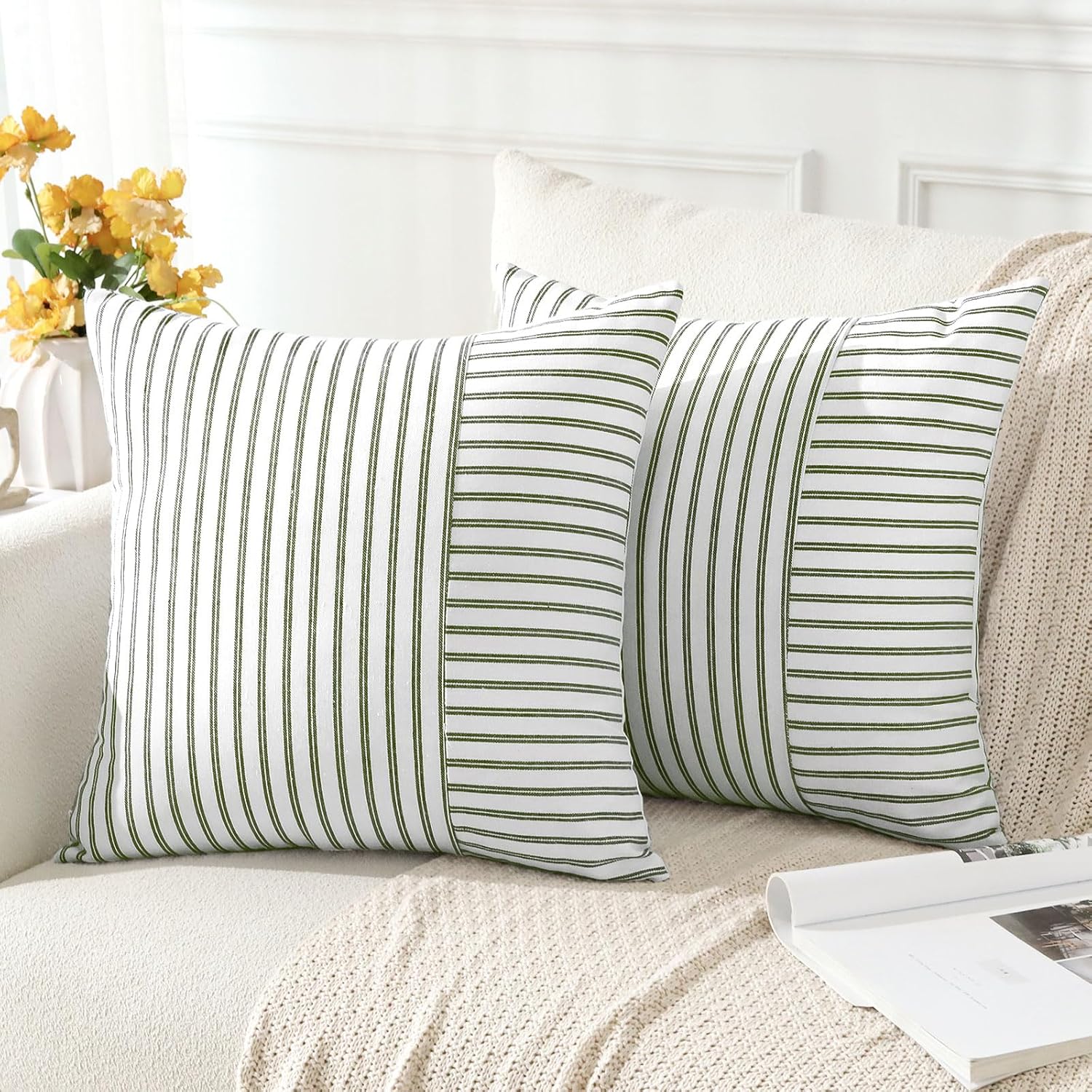 Lot de 2 Housses de Coussin Souples en Patchwork Rayé 45x45 cm Housses de Coussin Décoratives Modernes Carrées Housse de Coussin Décorative - 2