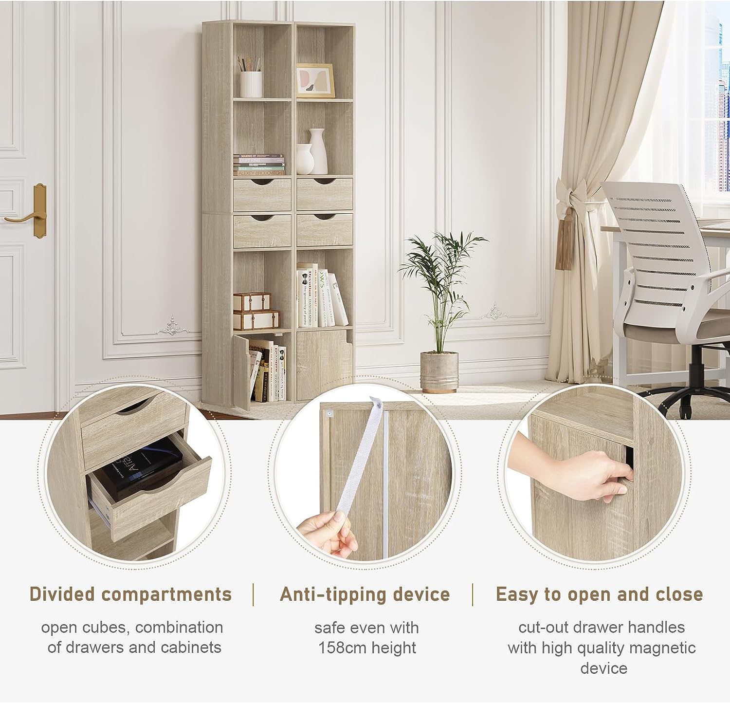 WOLTU Bibliothèque Étagère.Colonne avec 3 Compartiments Ouverts.2 Tiroirs et 1 Casier.30x24x158cm.Chêne Clair - 5