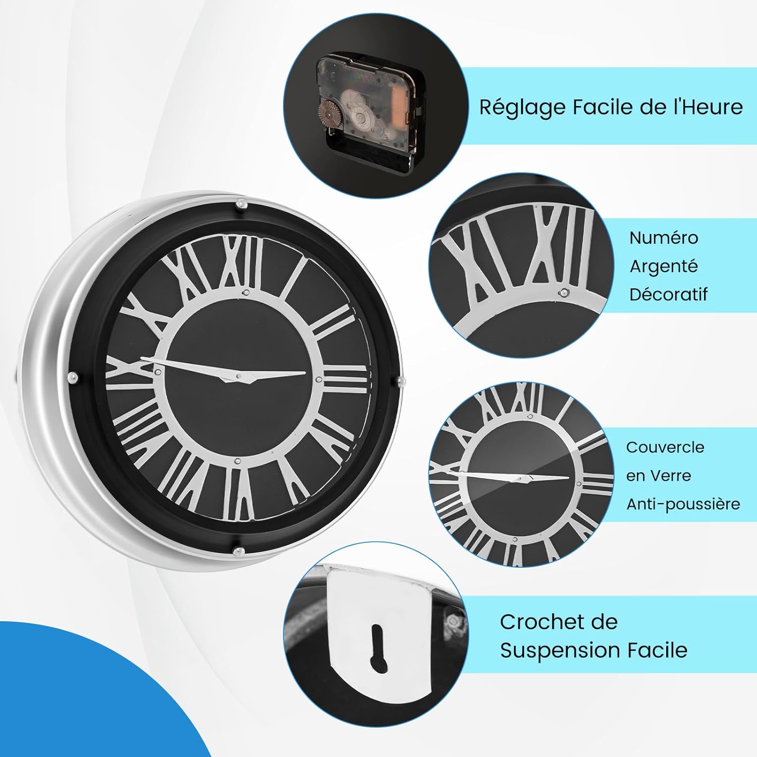 Orologio da Parete 34,5/45 cm, Orologio Silenzioso con Numeri Romani, Copertura in Vetro, Orologio Moderno Decorativo per Soggiorno Camera da - 2