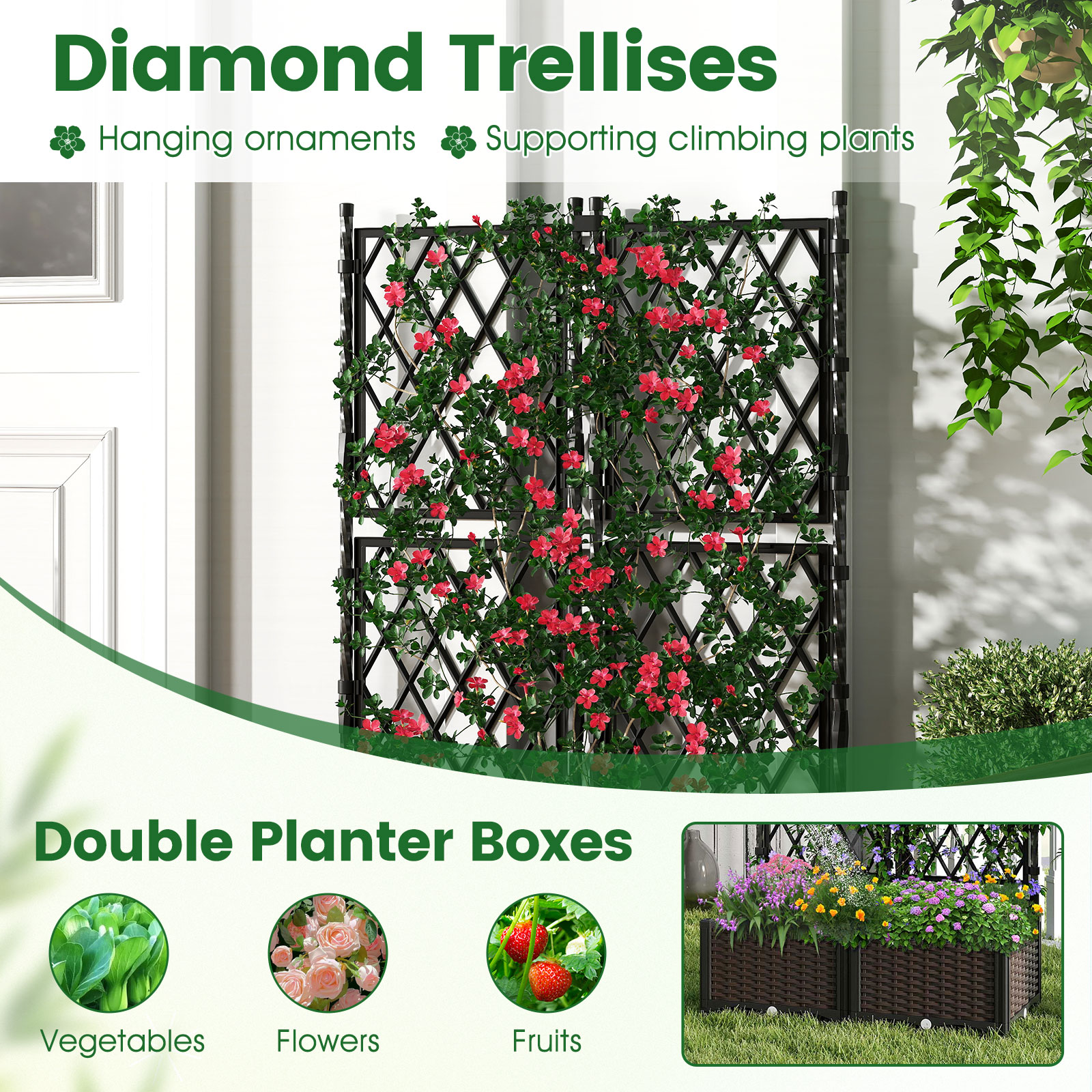 Jardinière Surélevée avec Treillis, Double Bac à Plantes Auto-arrosant avec Trous de Drainage pour Plantes Grimpantes, Fleurs et Légumes - 7