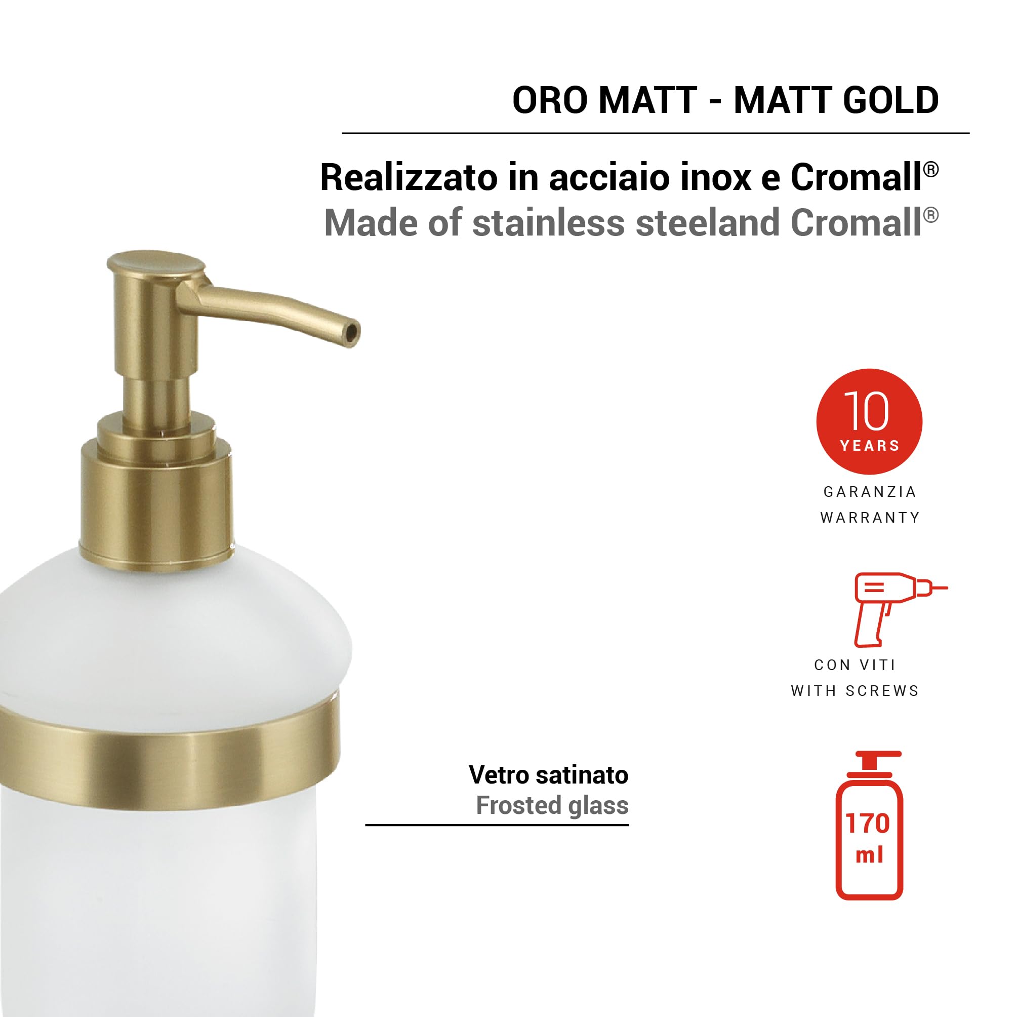 Distributeur de savon mural avec distributeur en plastique en acier inoxydable et Cromall TN80 Gedy série TONALE Or Mat - 6