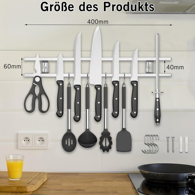 Porte-Couteaux Magnétique 40cm avec 4 Crochets - Support Magnétique en Acier Inoxydable pour Couteaux de Cuisine - 2