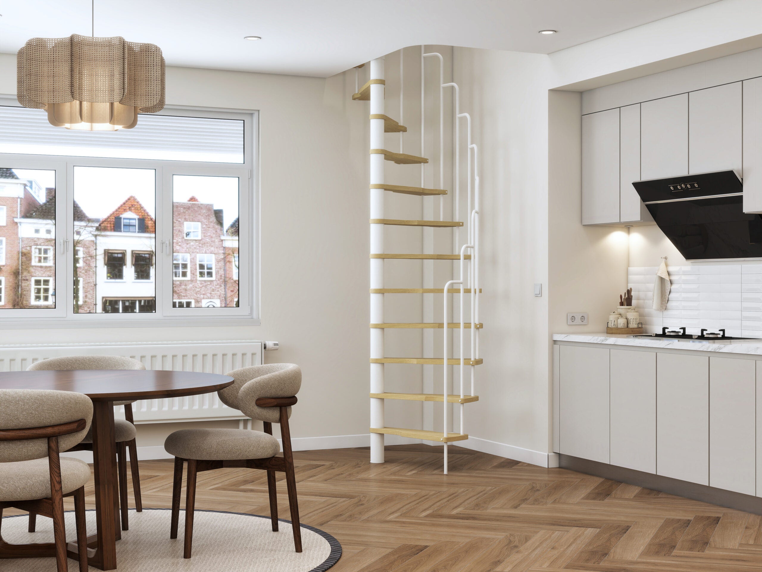 Escalera de caracol radius - 120x60 cm - altura 299 cm - 12 peldaños de haya - blanco