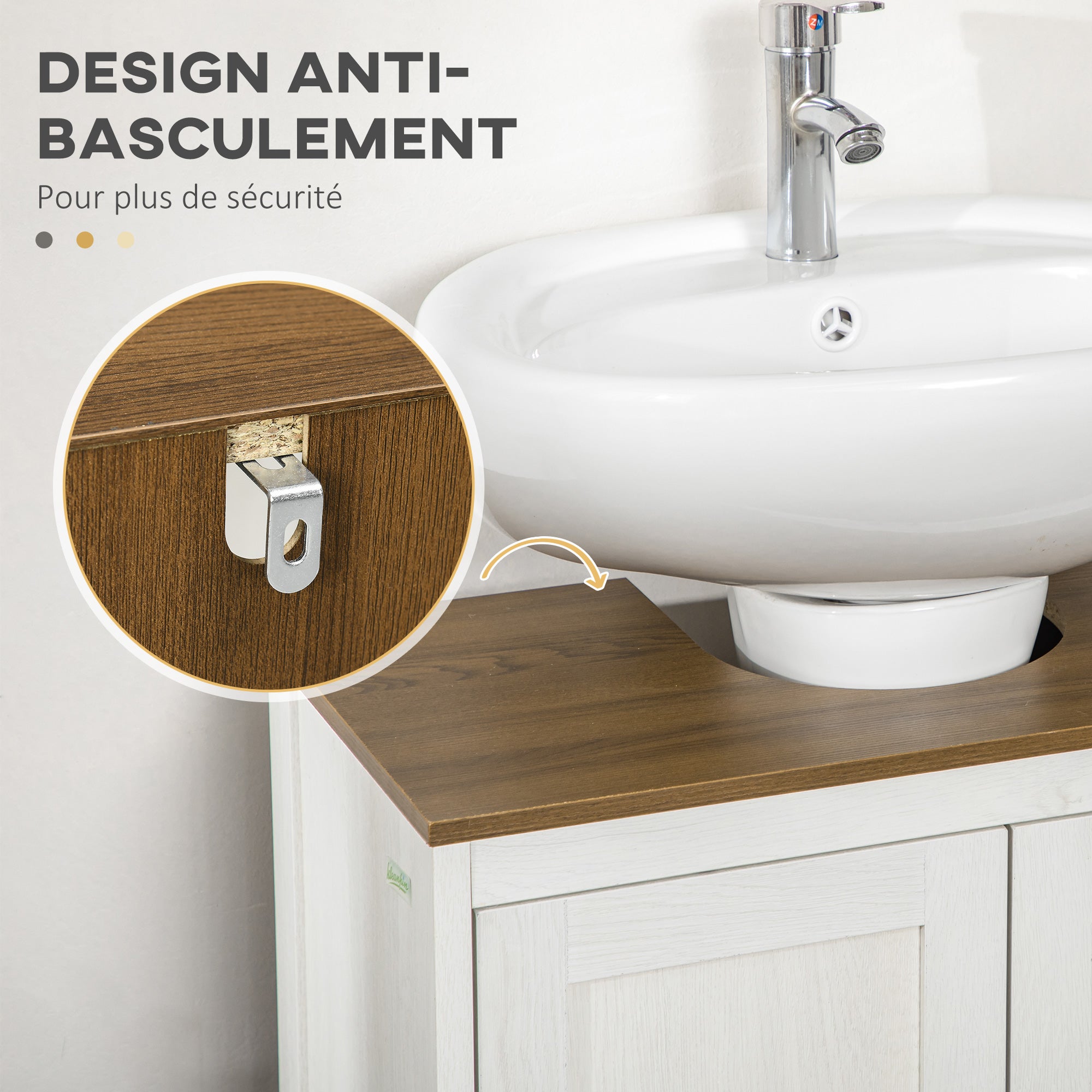 Meuble sous lavabo meuble de salle de bain 2 portes avec étagère 60 x 30 x 60 cm blanc et aspect bois - 8