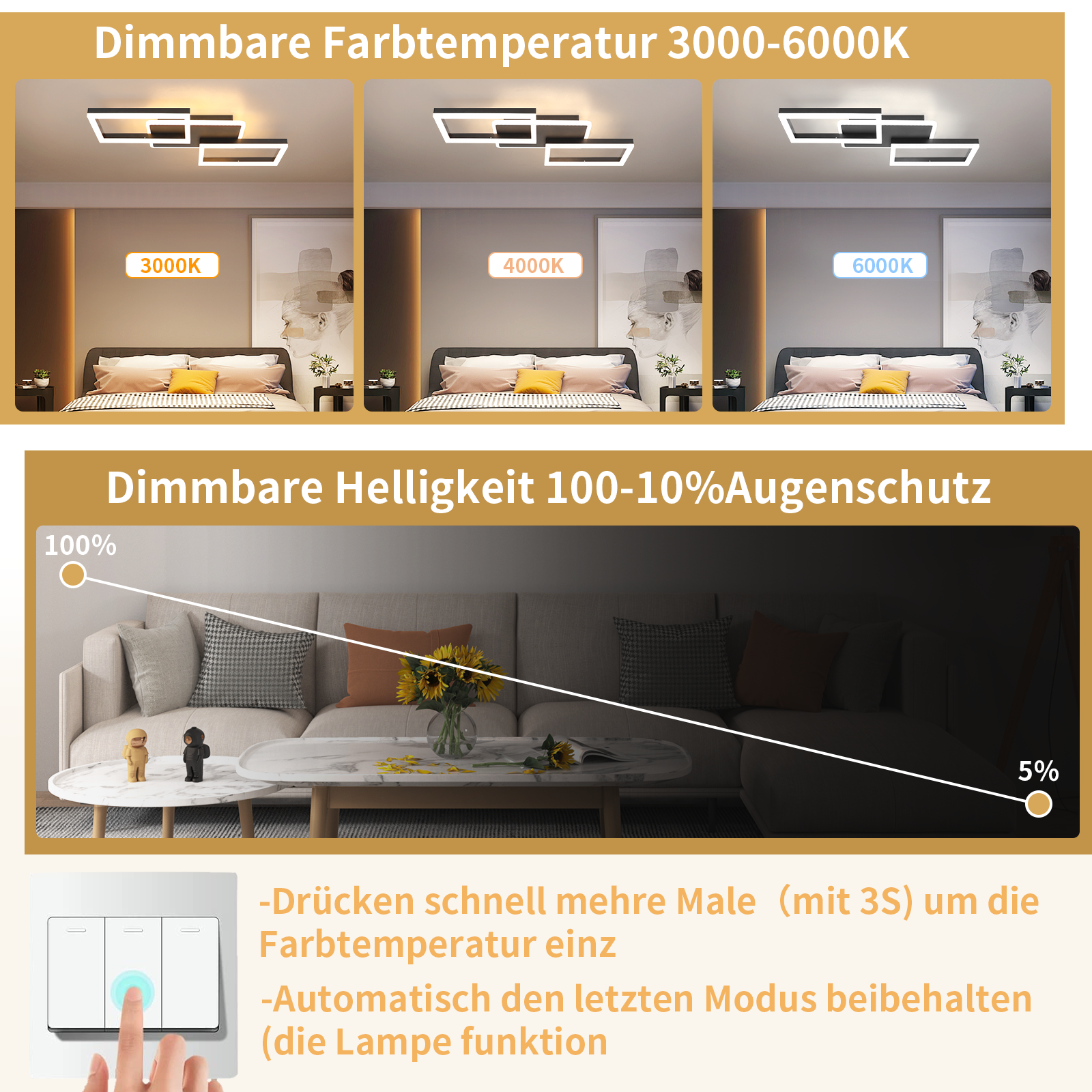 Nettlife Lampa sufitowa LED do salonu – duża, czarna, ściemnialna lampa sufitowa z pilotem, 48 W, nowoczesna metalowa lampa do sypialni, 54 cm - 7