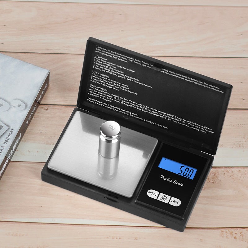 Czarna, precyzyjna waga 500g/0,01g (mała skala gramowa) z wyświetlaczem LCD i funkcjami, idealna do kawy, ziół, biżuterii i innych.