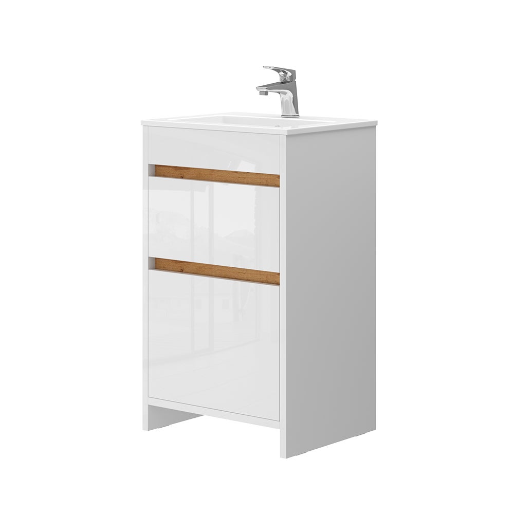 Vicco Zestaw mebli łazienkowych Detmold, Biały wysoki połysk/złoty dąb power, 2 części, z umywalką i 2 szufladami