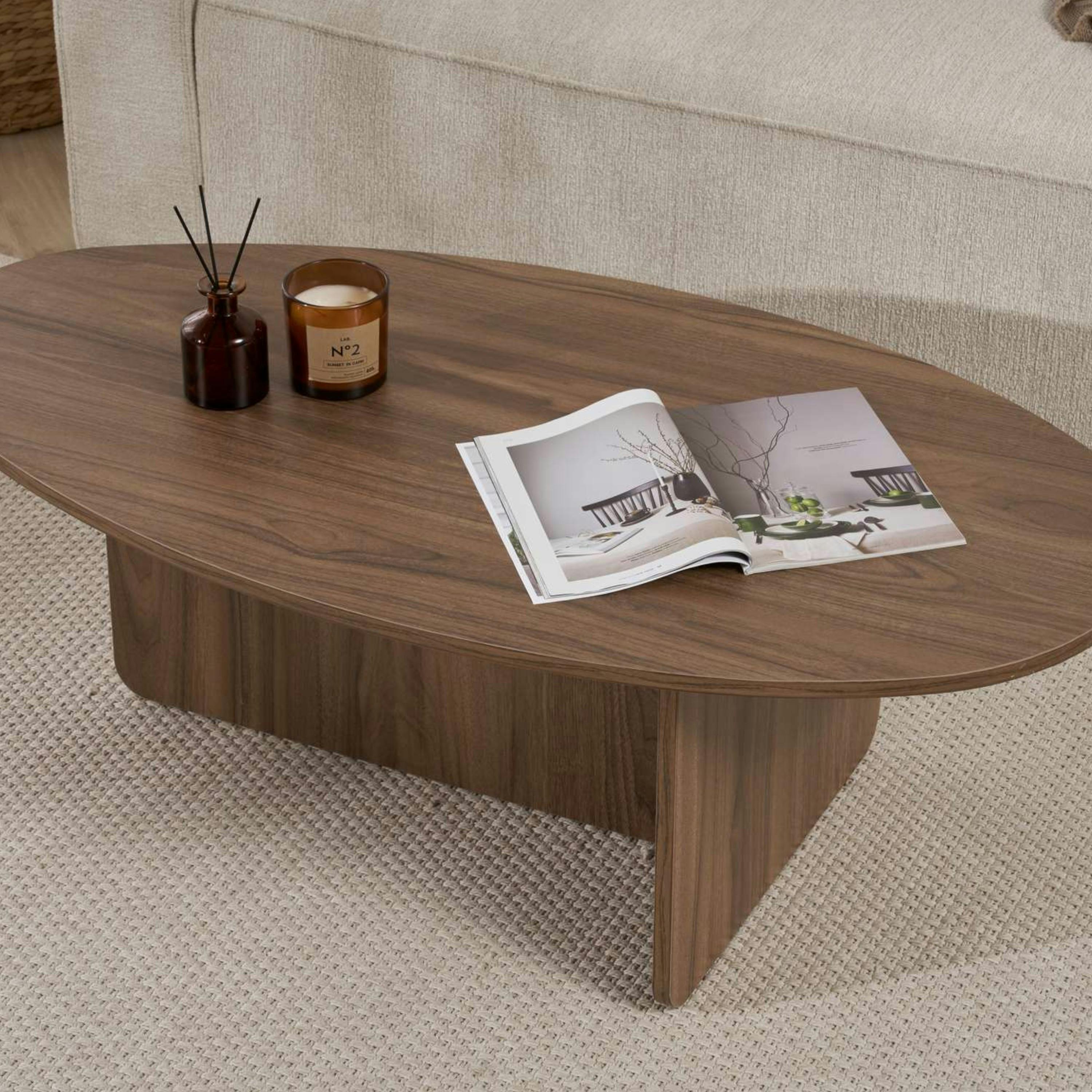 Table basse moderne ovale effet noyer – pied en T MARFA - 3