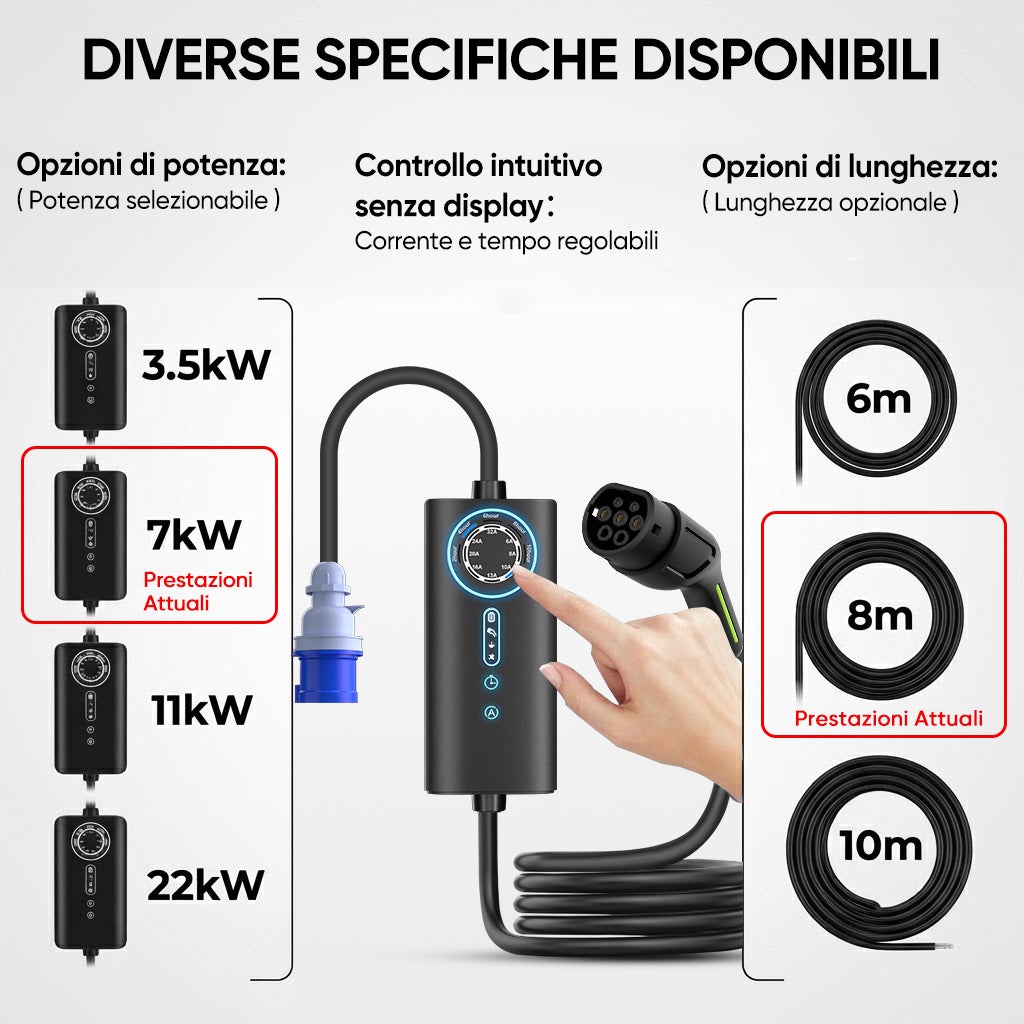 Carregador portátil para veículos elétricos JUNSUN 7kW – 32A monofásico, cabo 8m Tipo 2, IP67, corrente ajustável 6-32A, carregamento programável - 2