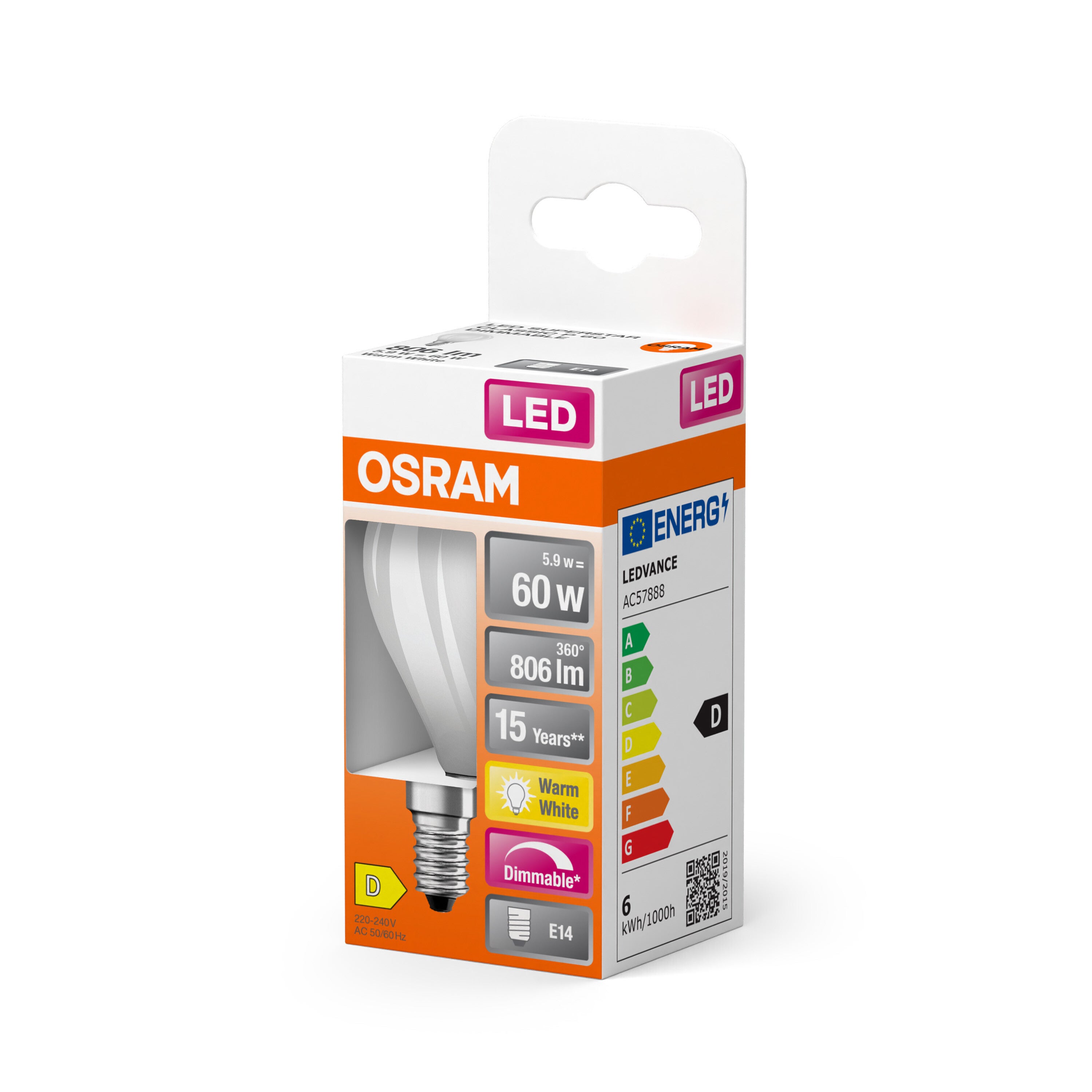 OSRAM Lampada LED - E14 - bianco caldo - 2700 K - 6,50 W - Sostituisce lampade ad incandescenza 60W - LED Retrofit CLASSIC P DIM - 2