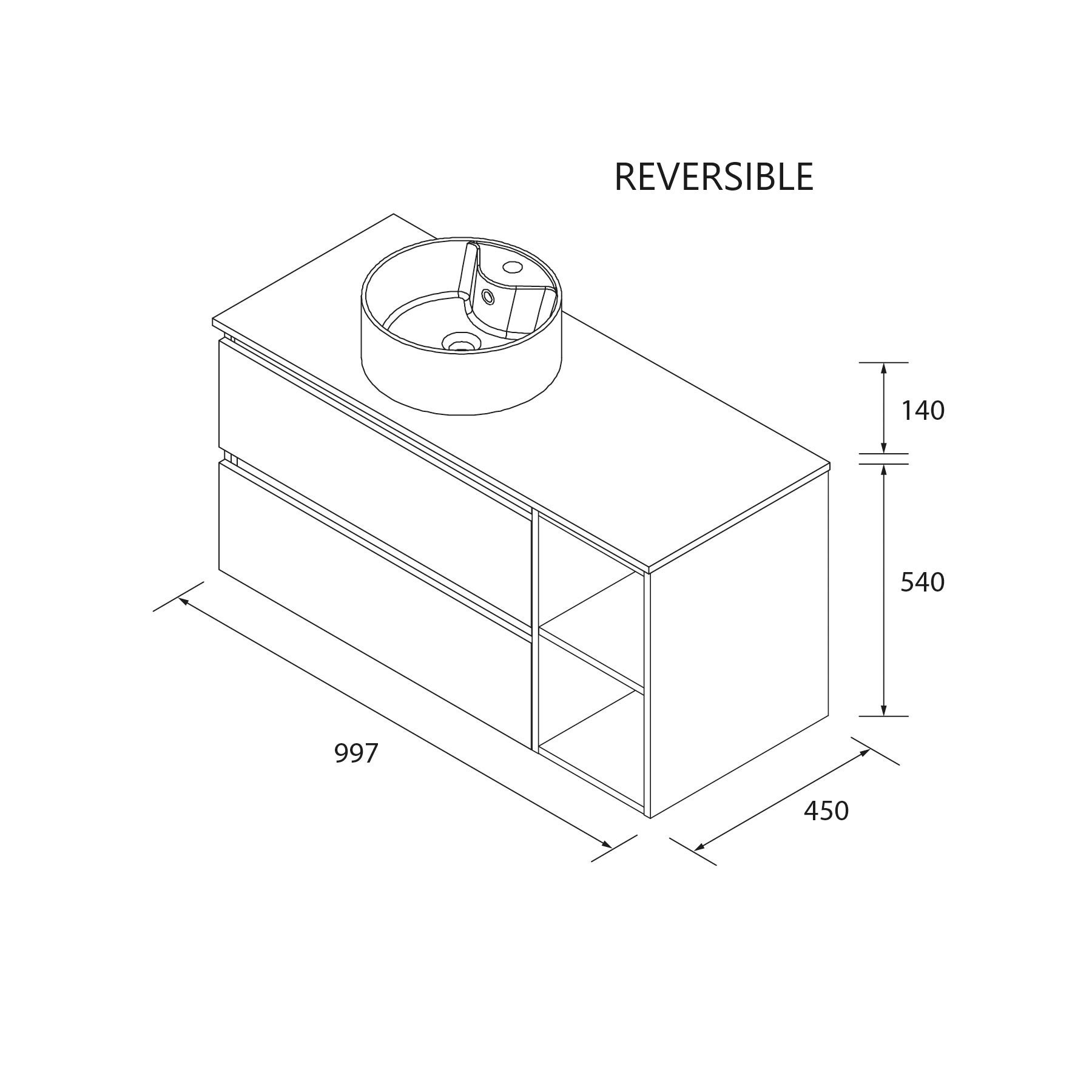 Meuble de salle de bain BEQUIA Plus 100cm Noir mat /Chêne | Vasque à poser Porcelaine Côté réversible - 5