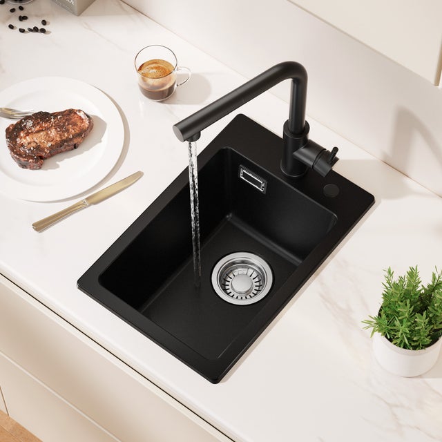Cecipa max Evier Cuisine en Granit Noir 30 x 45 cm, Evier 1 Bac en Quartz, Evier à Encastrer, Evier a poser