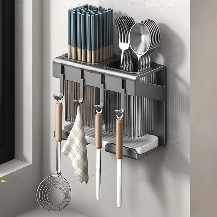 Koszyk na sztućce kuchenne, ociekacz do naczyń, uchwyt na noże, pudełko do przechowywania noży i widelców, 19,5×10×15,6 cm – szary