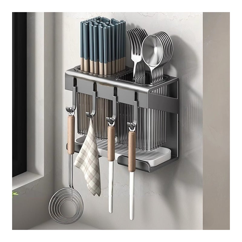 Koszyk na sztućce kuchenne, ociekacz do naczyń, uchwyt na noże, pudełko do przechowywania noży i widelców, 19,5×10×15,6 cm – szary