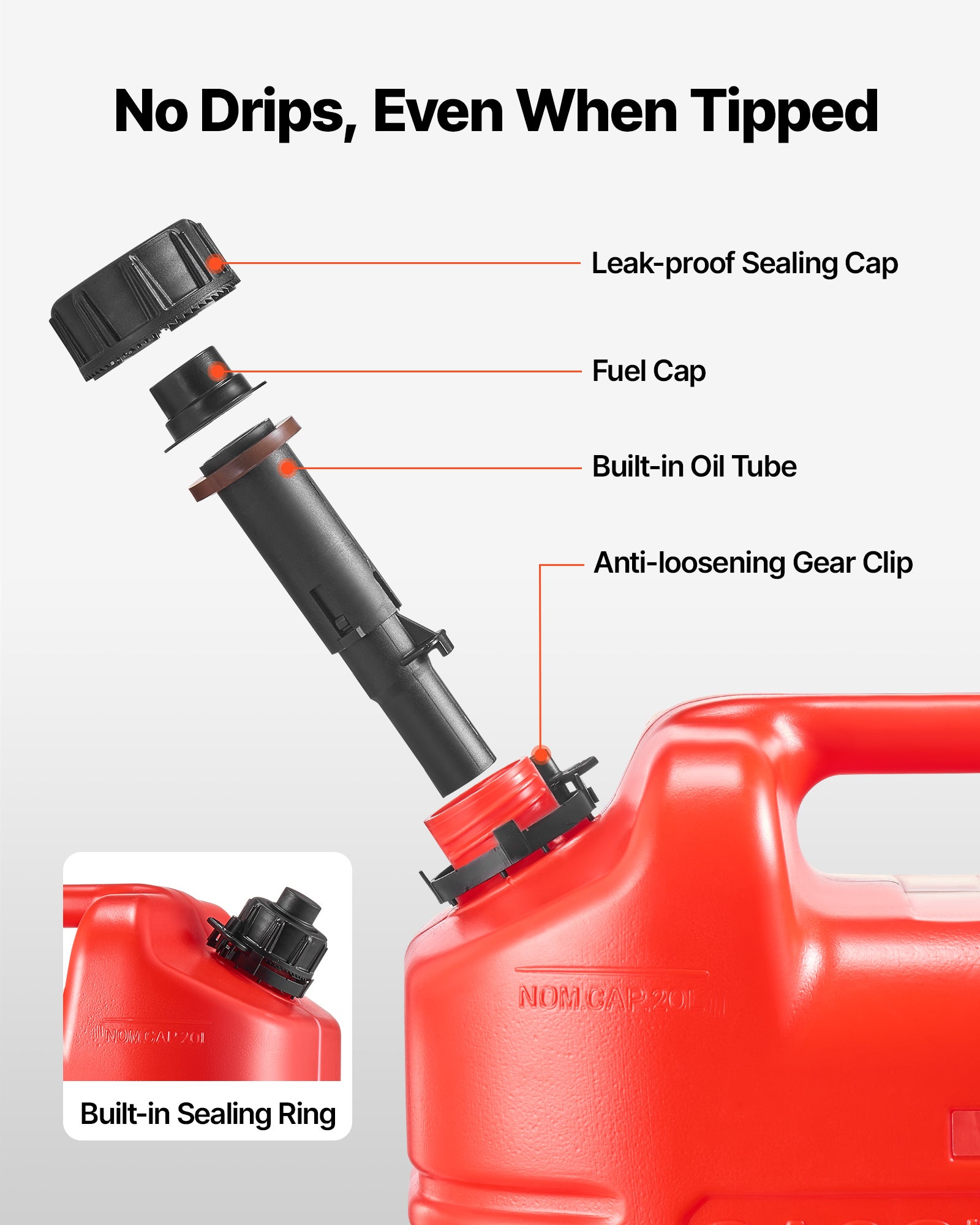 Depósito combustível para gasolina VEVOR 19L, pacote 2, com bocal despejo, caudal máximo 15L/min, para a maioria dos automóveis, motociclos, vermelho - 3