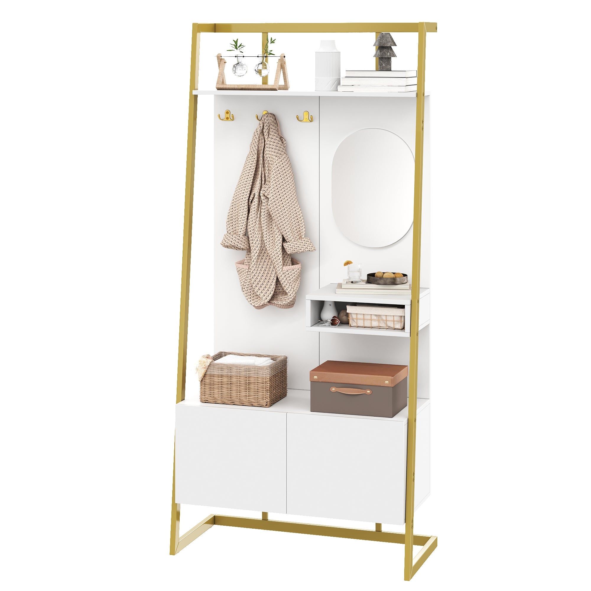 Szafka na buty z lustrem, ławką na buty i wieszakami - 78 x 38,5 x 180,5 cm - MDF i metal - biała