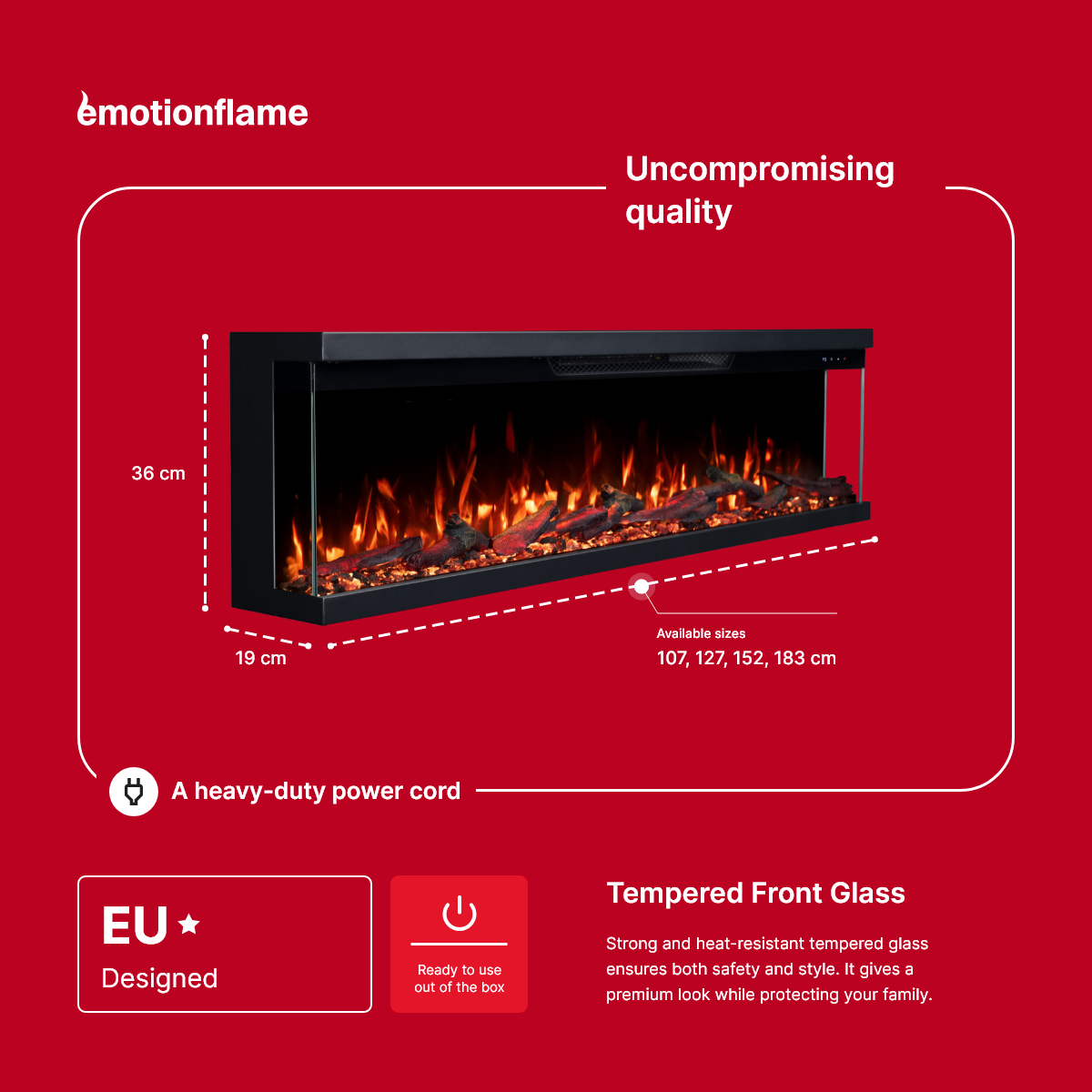 Cheminée électrique à 3 côtés Emotion Flame Unity 183 - feu premium, murale ou encastrable - 183x19x36 cm - cheminée LED - chauffage 900/1800 W - 4